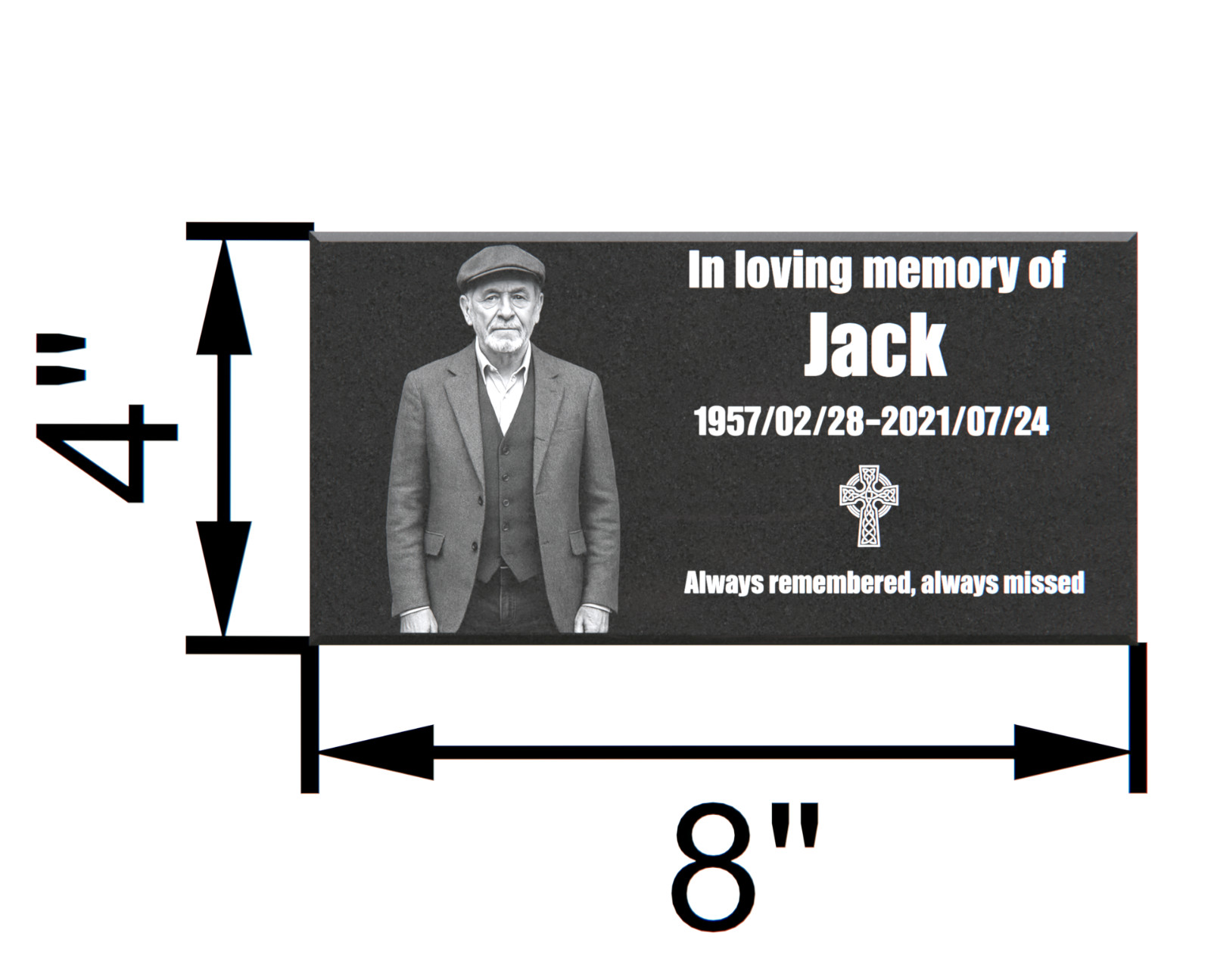 Custom Black Granite Grave Marker 8″x4″ – Personalized Flat Headstone with Photo