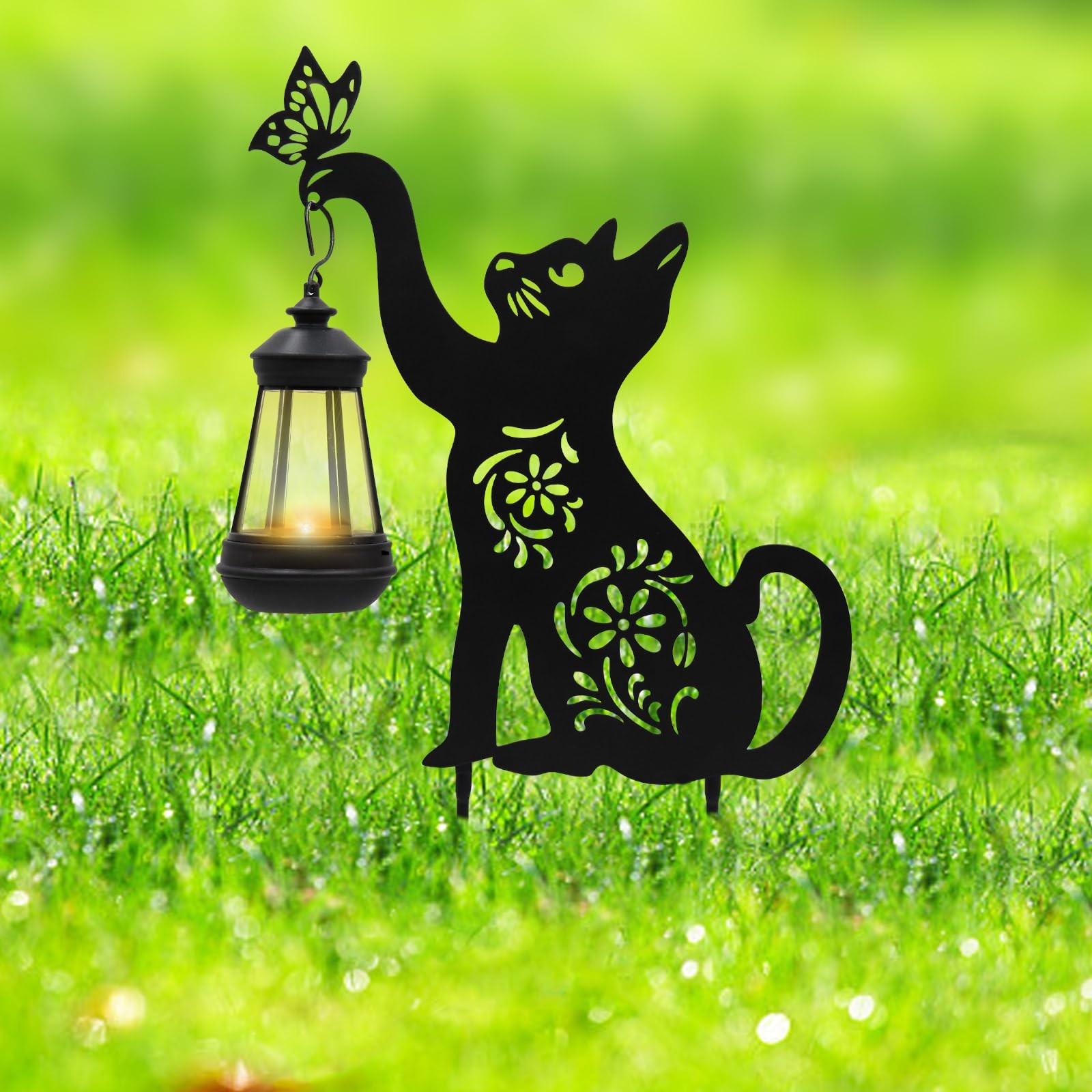 Black Cat Solar Light Outdoor Garden Decor – Metal Cat Holding Lantern Stake,…