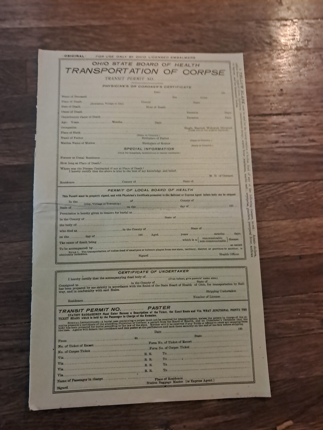 Vintage Transportation of Corpse Unused Undertaker State Permit Ohio 1905