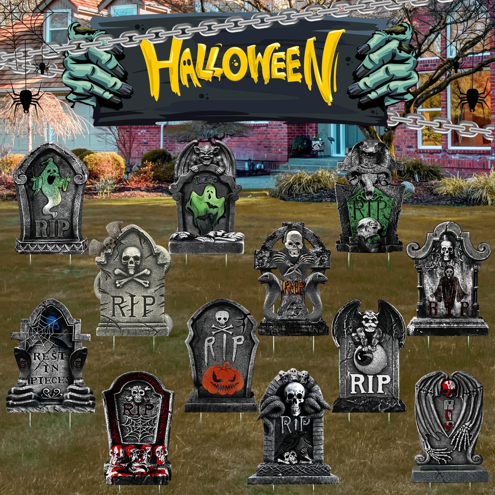 12 Pack 15″ Halloween Graveyard Tombstone Yard Sign Halloween Decorations Out…