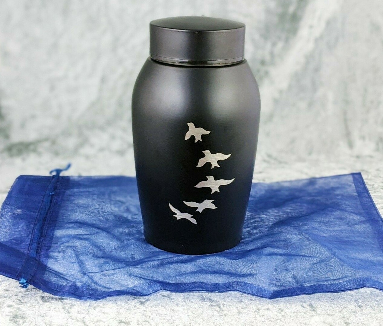 V25 Etched Metal URN Cremation Ashes mourning funeral decor black 7 1/2″