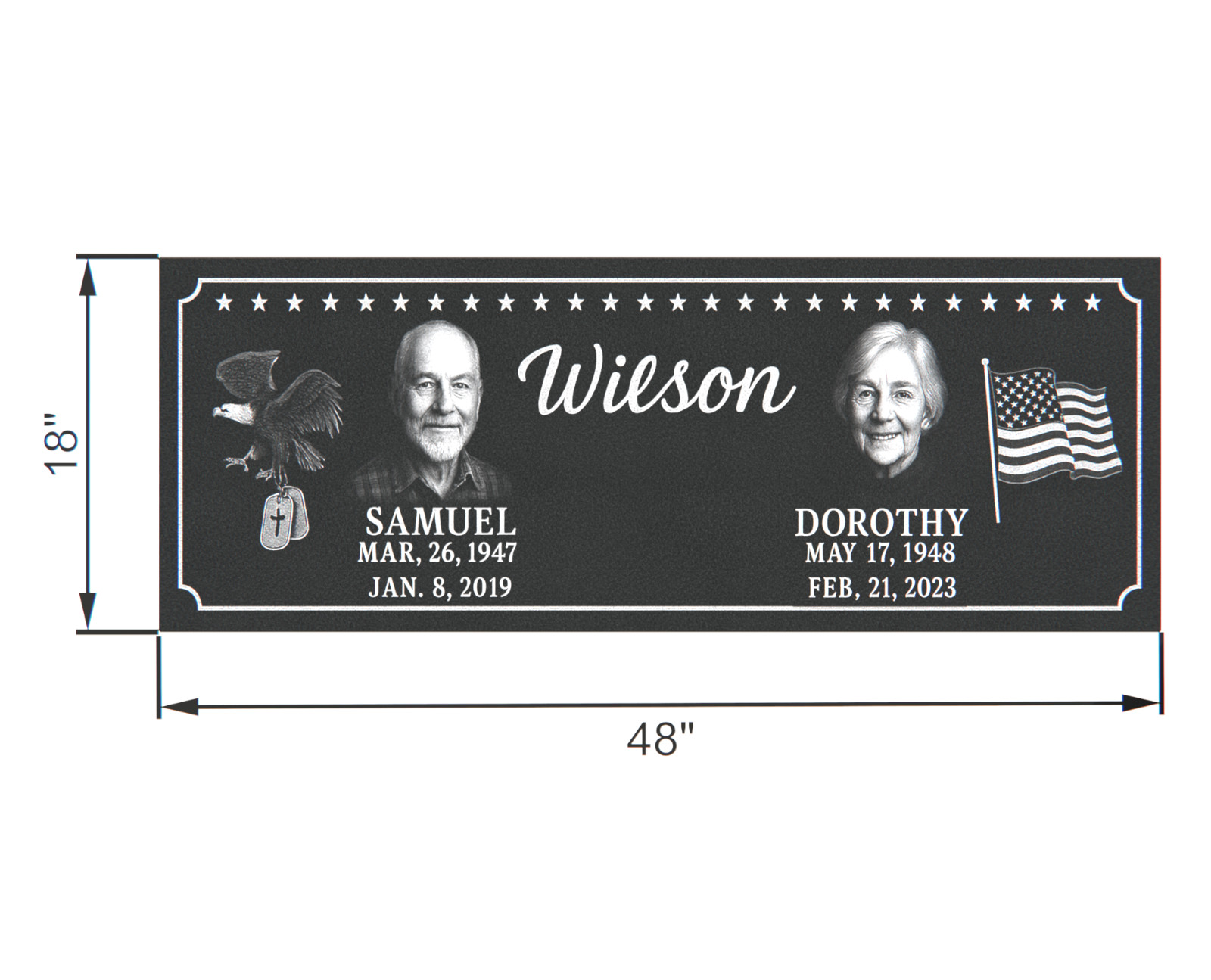 Custom Black Granite Headstone 48x18x4 – Engraved Double Portrait Memorial