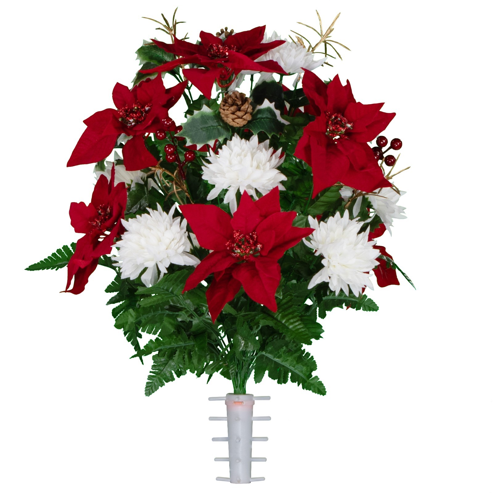 Artificial Arrangement – Red Poinsettias White Mums Holly & Pine Cones Bouquet