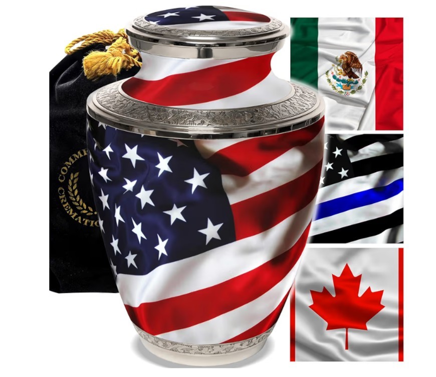 Brand New American Flag Adult Cremation Urn for Human Ashes, Large w/ Velvet Bag