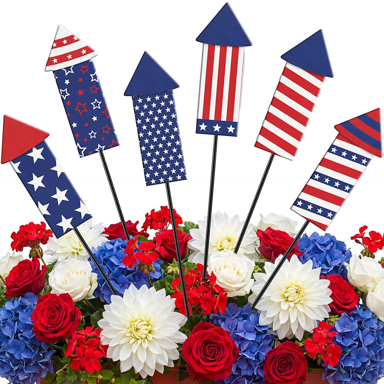 6 Pcs 3D 4th of July Metal Firework Plant Stakes 12.8 Inch Patriotic Firework…