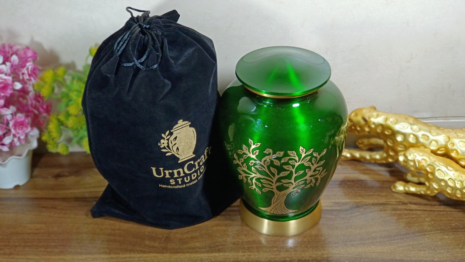 Handcrafted Tree Urn Green Gold – Adult Ashes Urn – Elegant Memorial Urn