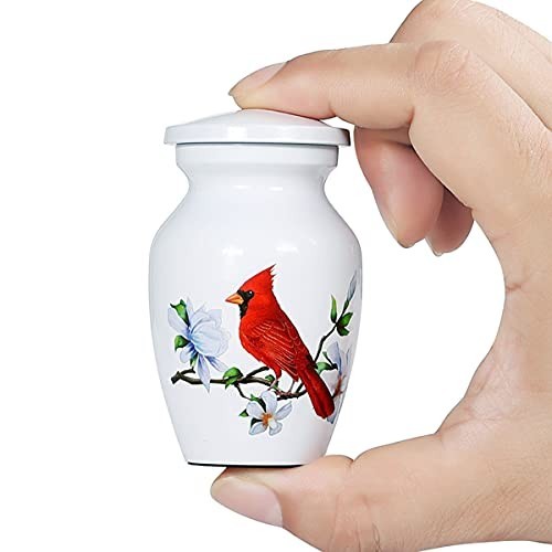 Mini Cremation Urn Metal Screw Lid White Cardinal 2.9 Inch Remains Keepsake