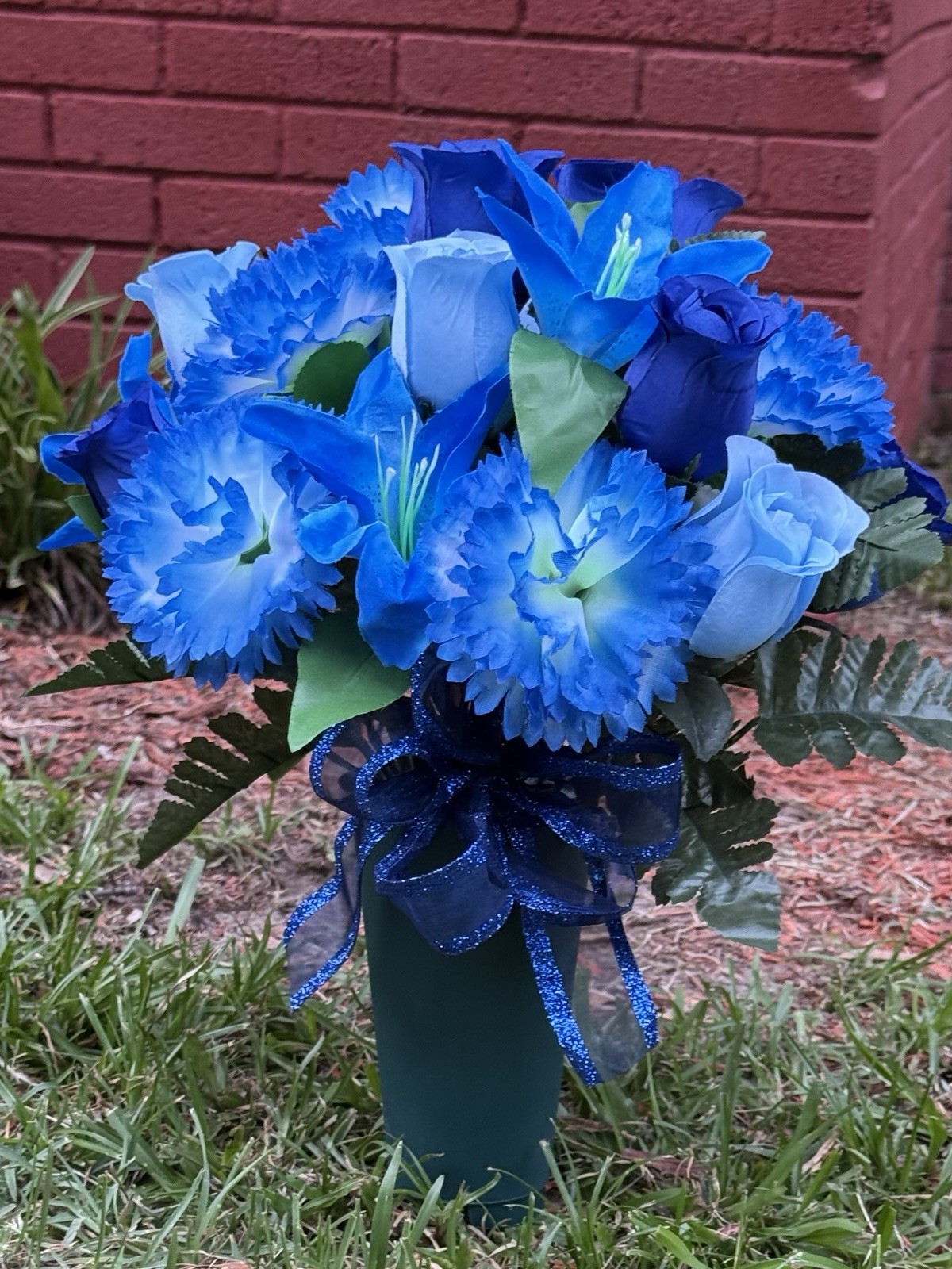 Cemetery Vase Memorial Silk Flower Arrangement Blue Multiple Tones