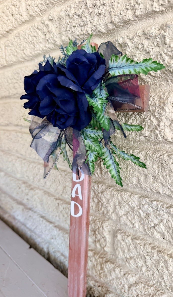 Hand-Painted Pine Cemetery Cross: Navy Blue Roses Dad Grave Decoration