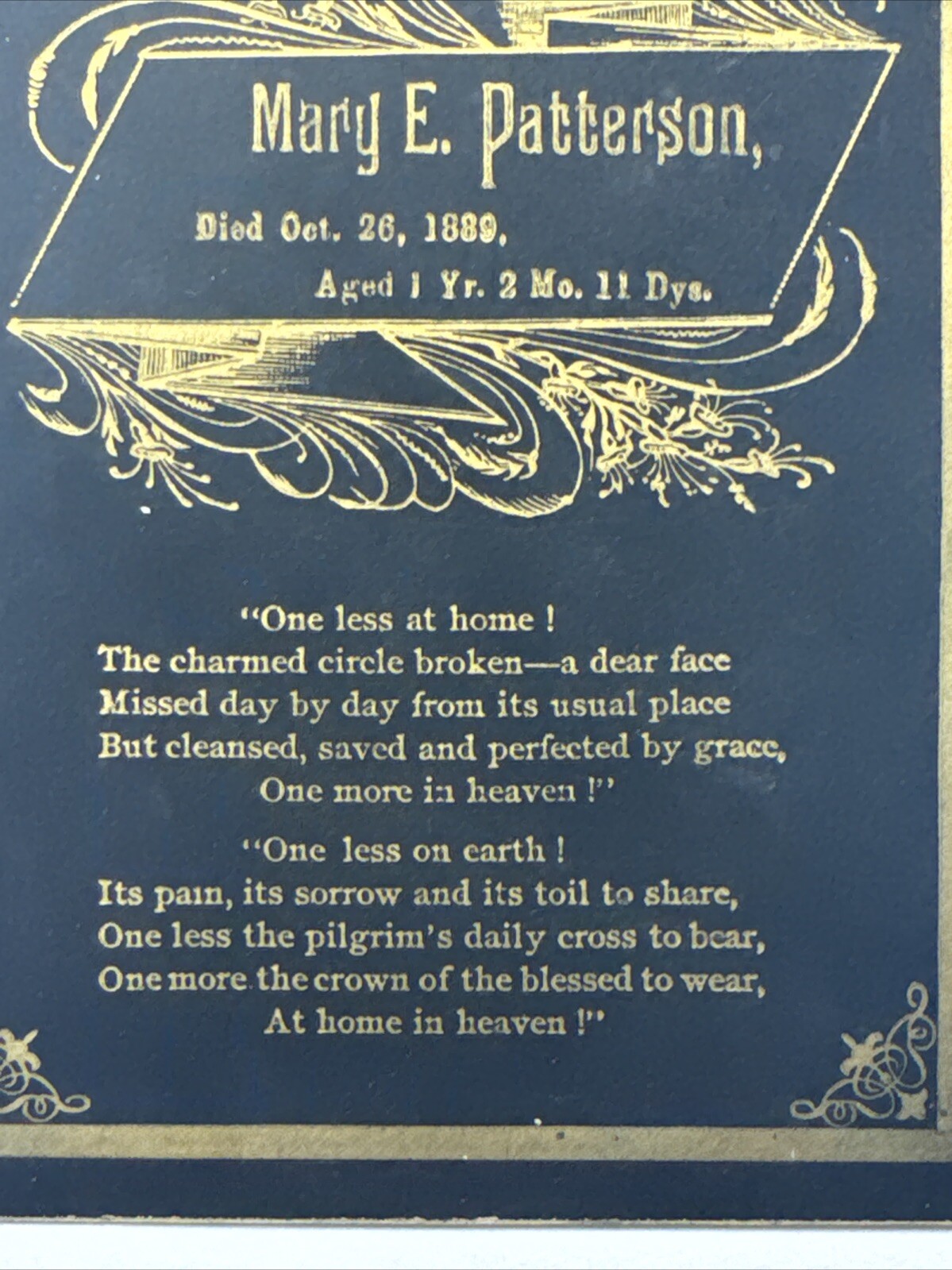 1889 Springfield, Ohio Funeral Card Mary E. Patterson ONE YEAR OLD