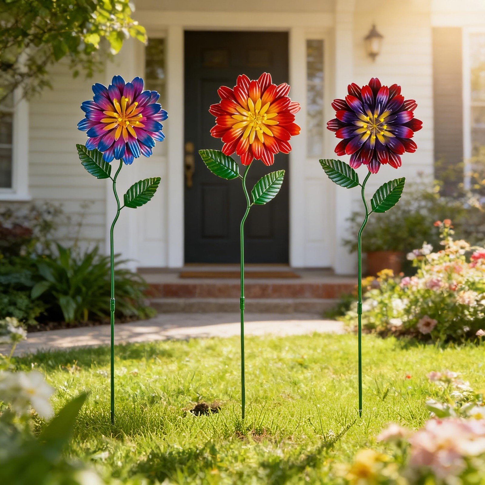 Metal Garden Flowers Stakes – 3 Pack Waterproof Yard Art for Outdoor Decor