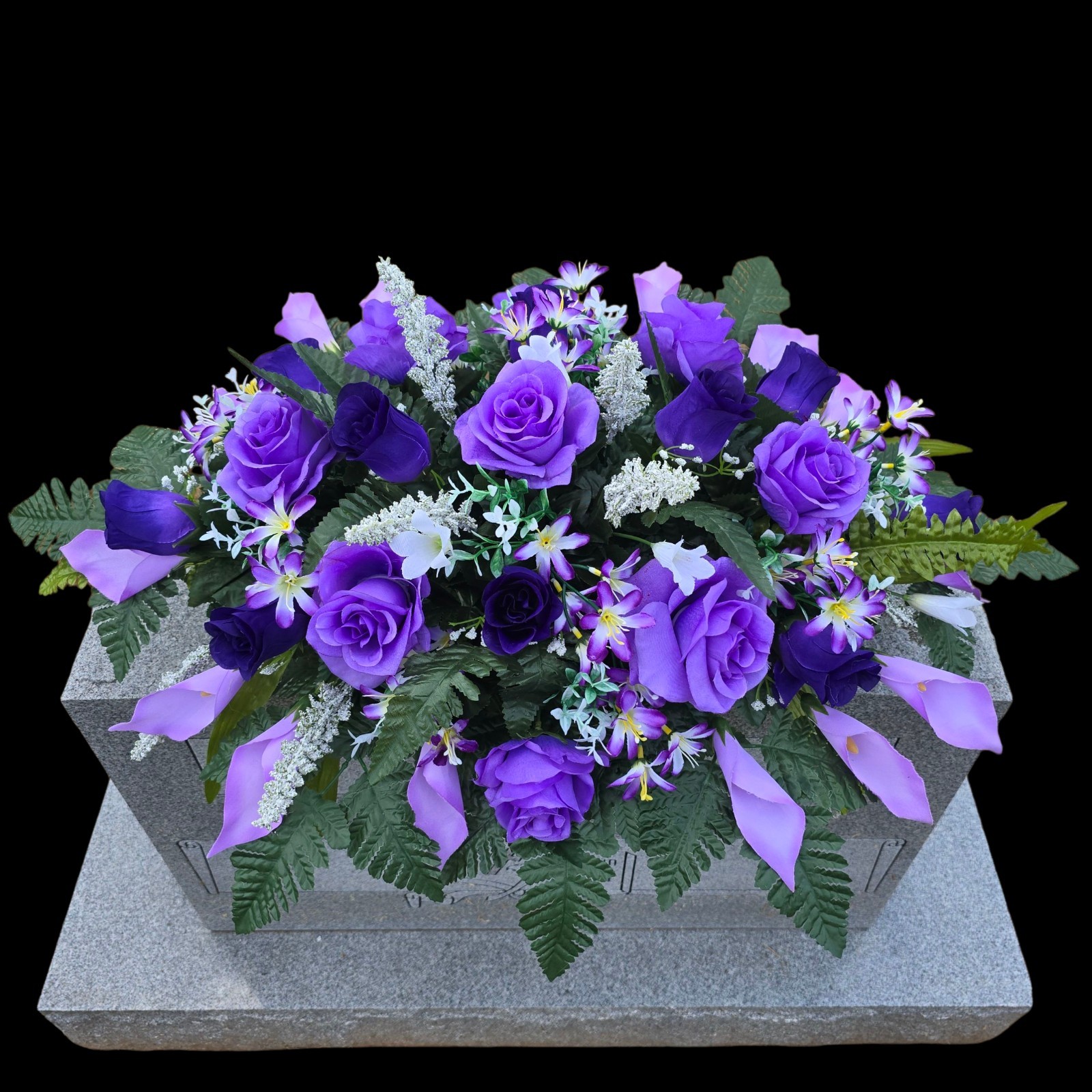 PURPLE HEADSTONE SADDLE WITH PURPLE ROSES & CALLA LILY’S FOR CEMETERY