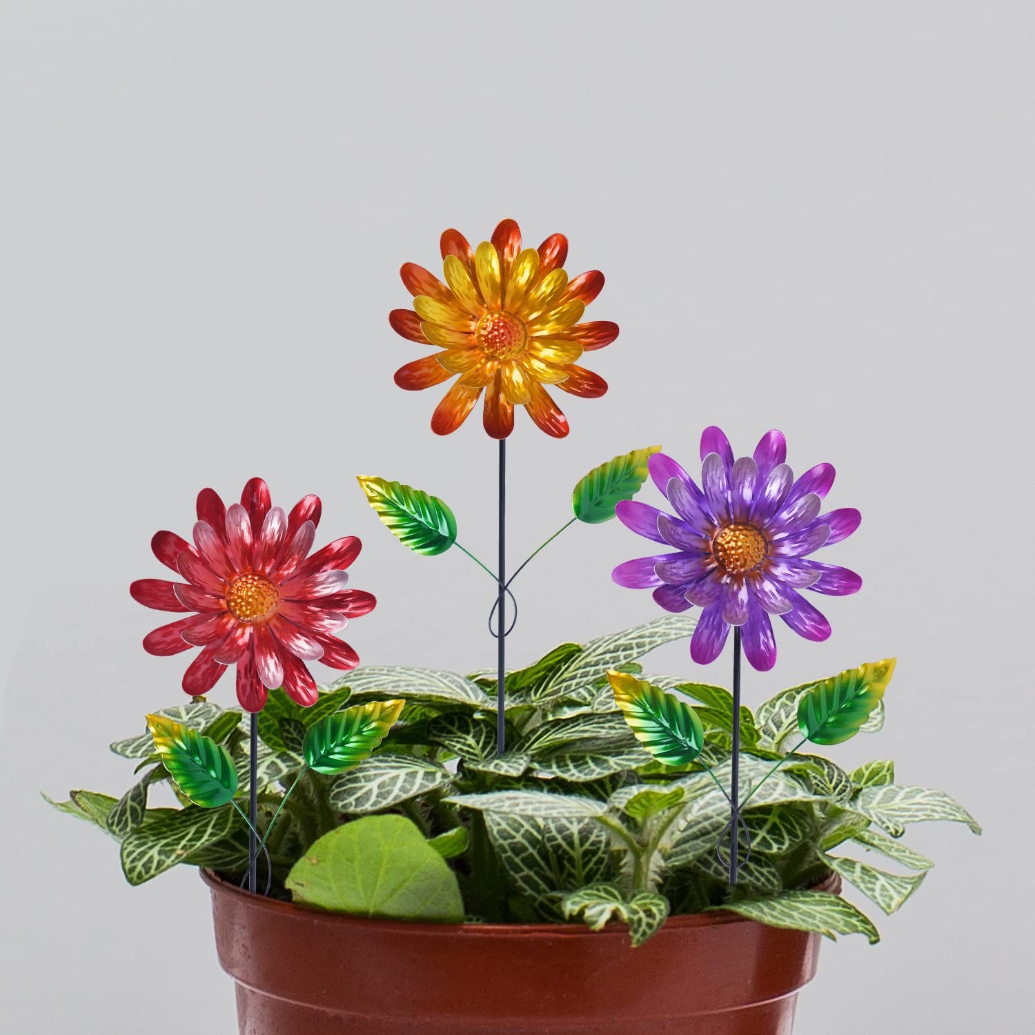 Set of 3 Metal Flower Garden Stakes Yard Lawn Ornaments Plant Pot Decor