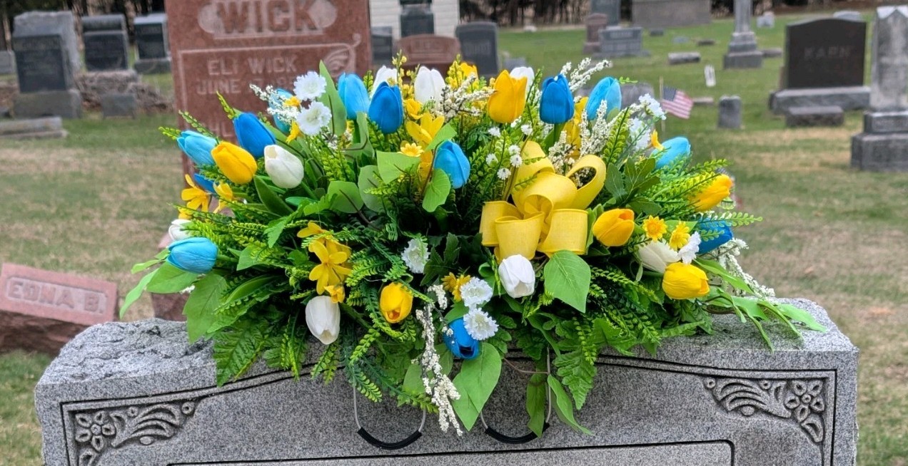 Turquoise blue and yellow Cemetery Arrangement, Headstone Memorial Decoration