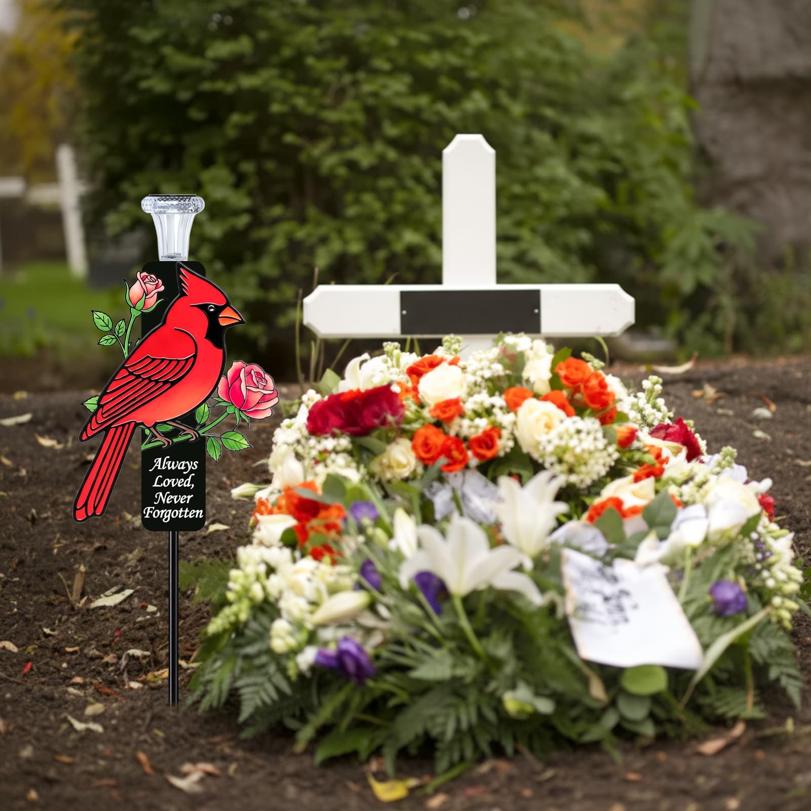 Solar Cardinal Memorial Stakes for Graves – Metal Cemetery Decorations with L…