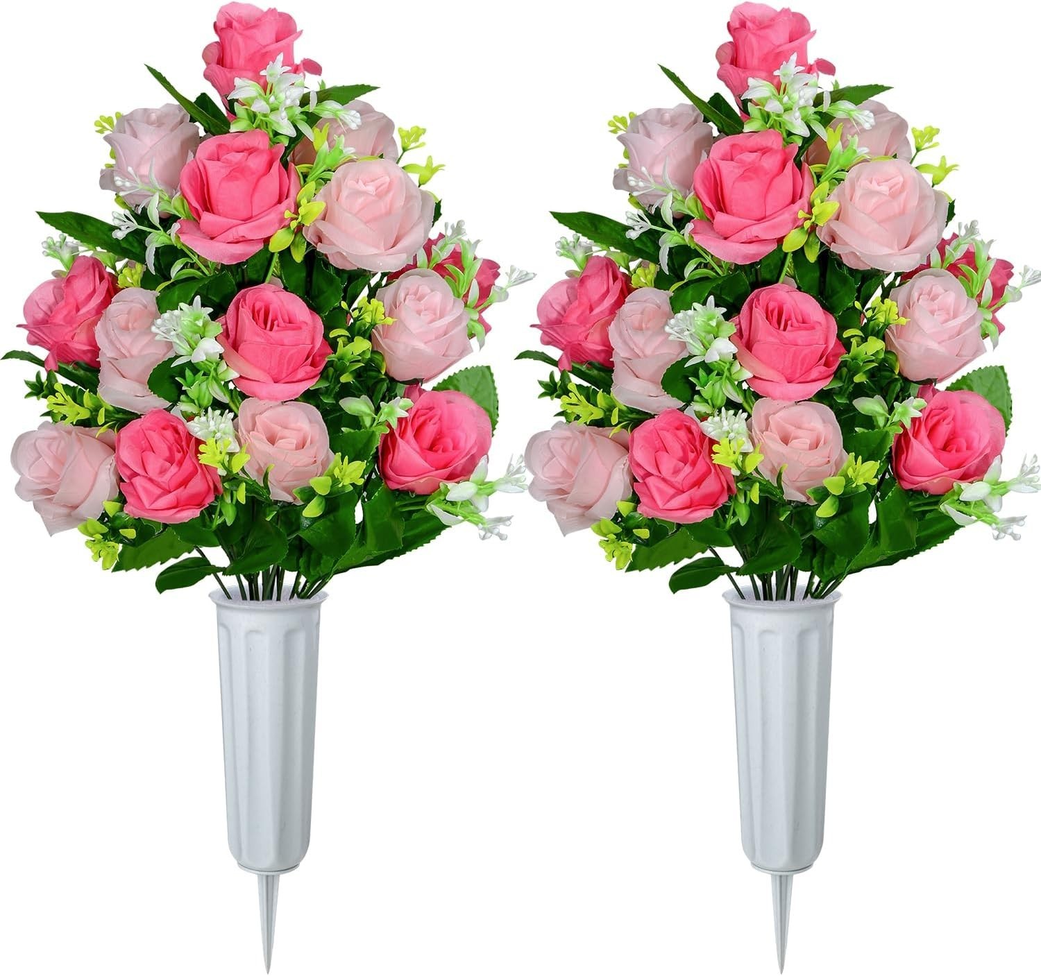 2-Piece Artificial Rose Cemetery Flower Arrangement – Sturdy Vase Included, Pink