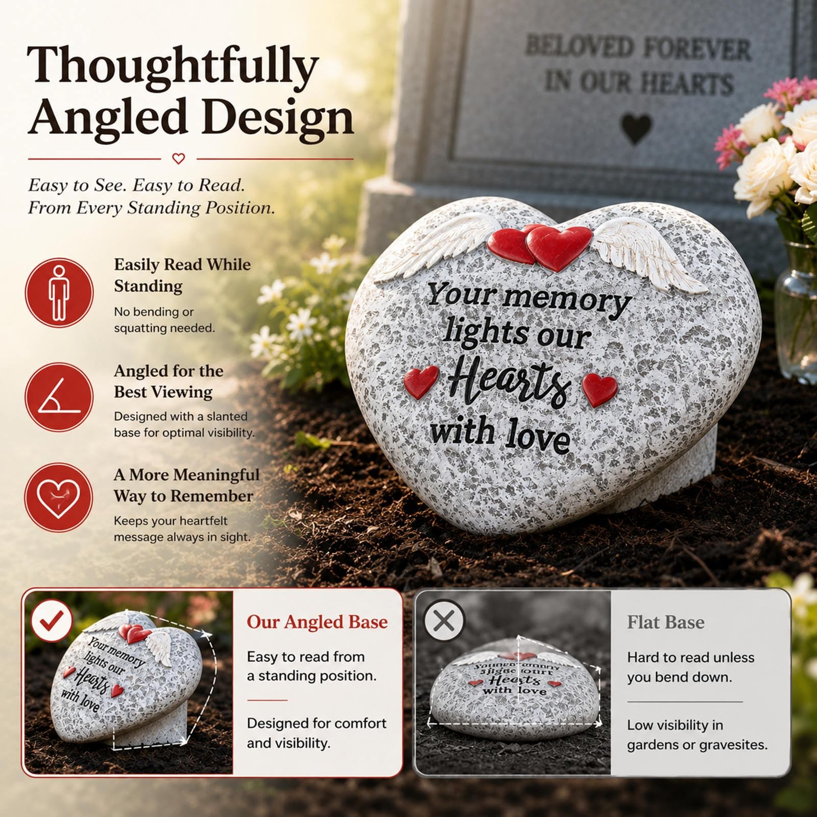 Memorial Garden Stones, Heart Resin Gravesite Angel Wings Garden Stone in Mem…