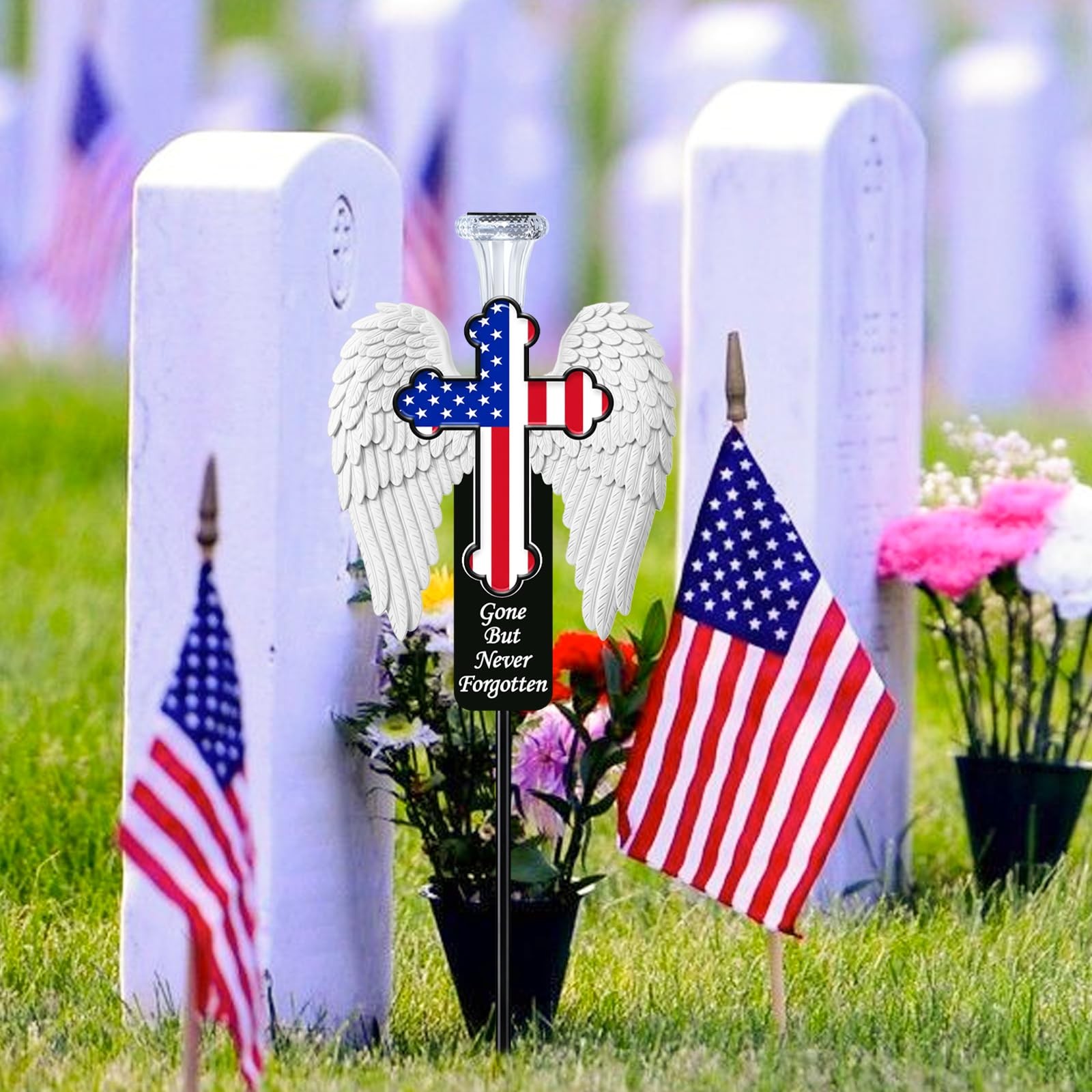 Solar Memorial Cross with Angel Wings – Patriotic American Flag Cemetery Deco…
