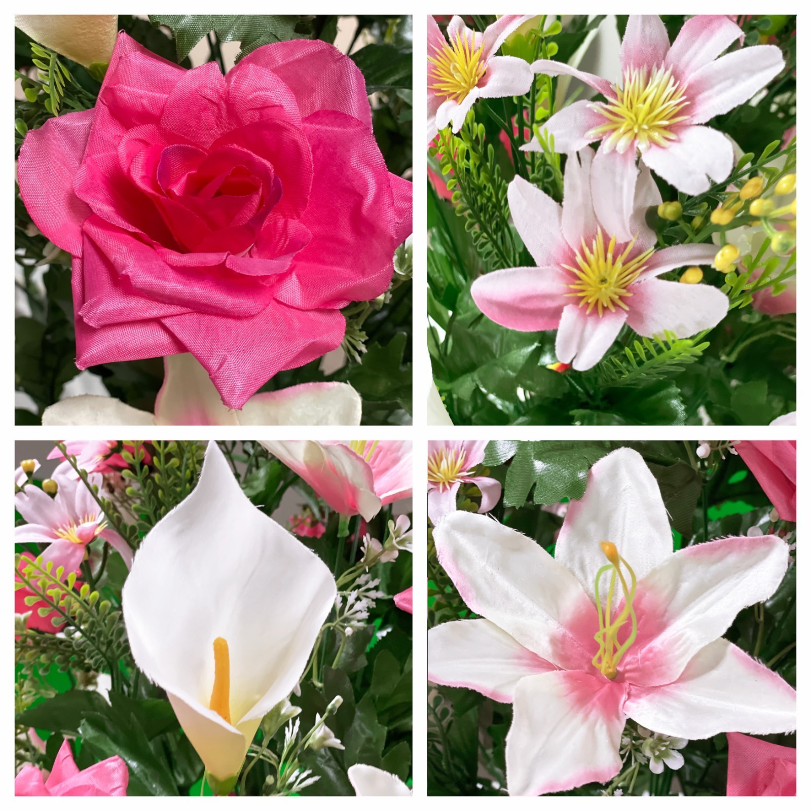 Artificial Headstone Saddle – Beauty Pink Roses, White Calla Lily and Lilies