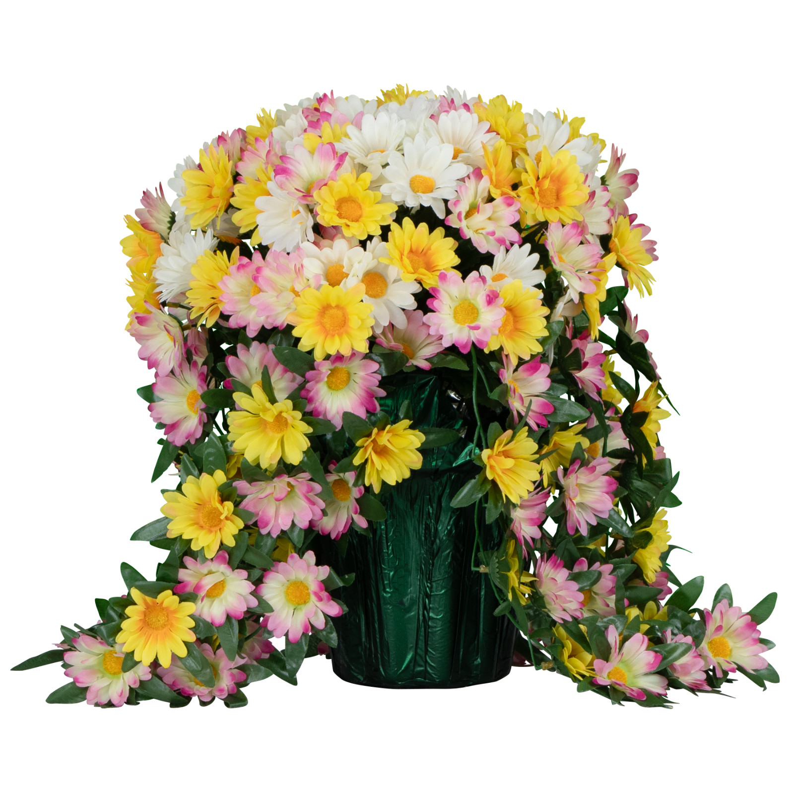 Artificial Flowers – Trailing Yellow White and Pink Daisies Pot