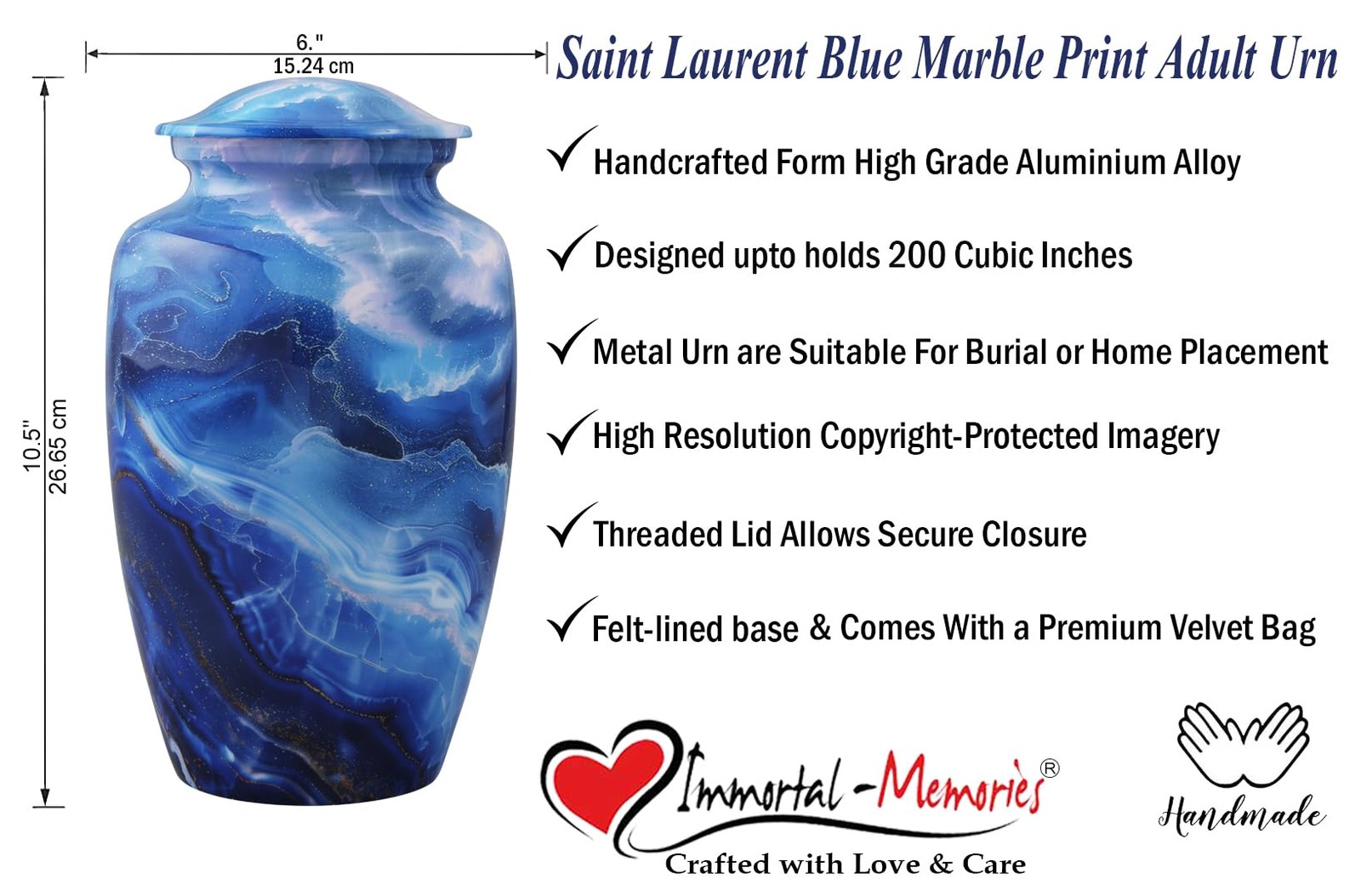 Saint Laurent Blue Marble Urn – Blue Marble Print Metal Cremation Urn – Full …
