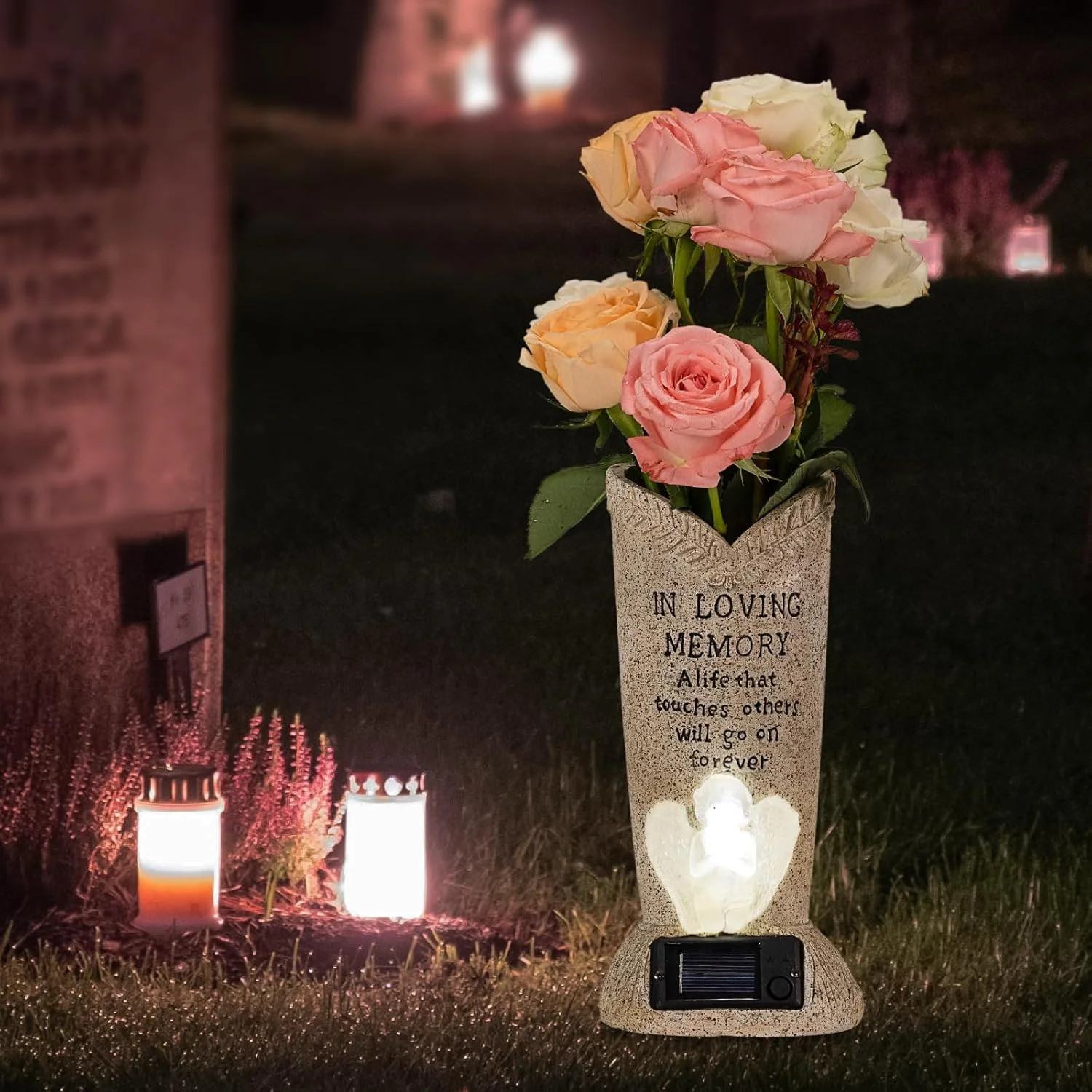 Solar Memorial Cemetery Flower Vase with LED for Fresh/Artificial Cemetery Grave