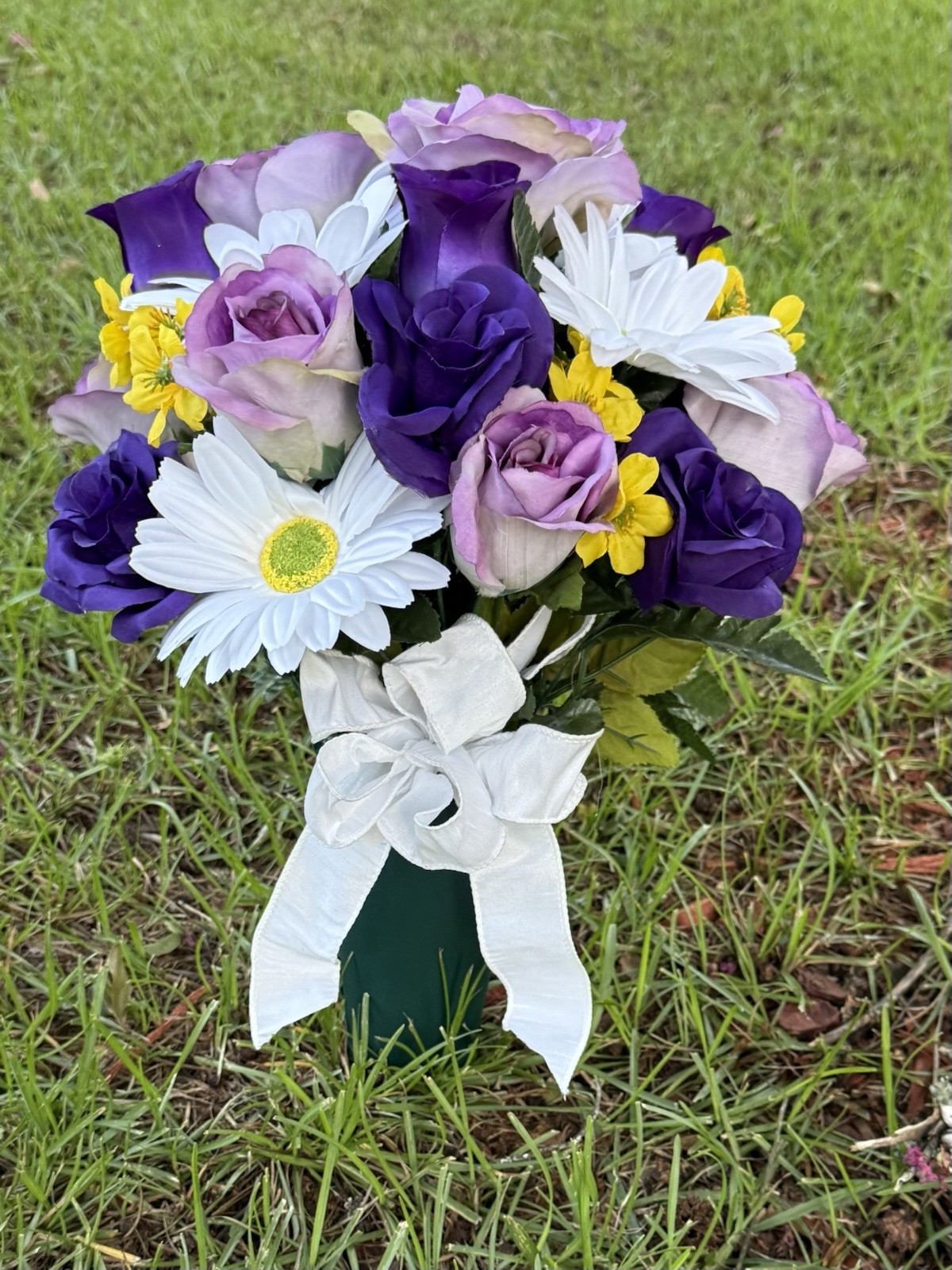Cemetery Vase Memorial Silk Flower Arrangement Purples & Lavender