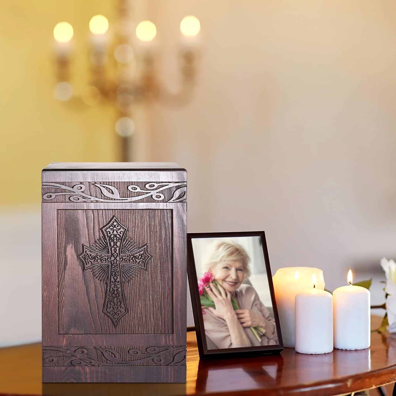 Wooden Carved Urn Box for Human Ashes Adult Cremation Memorial Funeral Urn