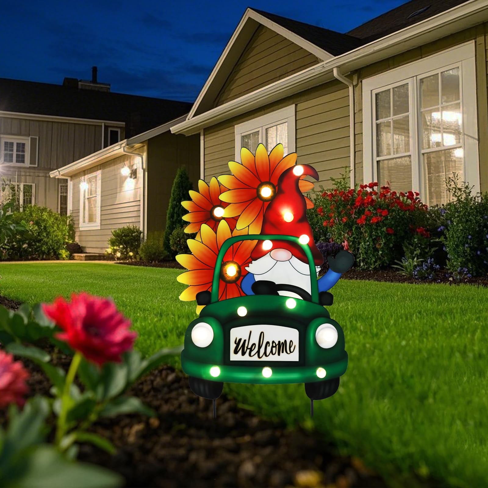 Decorative Garden Stakes – Lighted Gnome Drive Truck Yard Sign Stakes with Su…