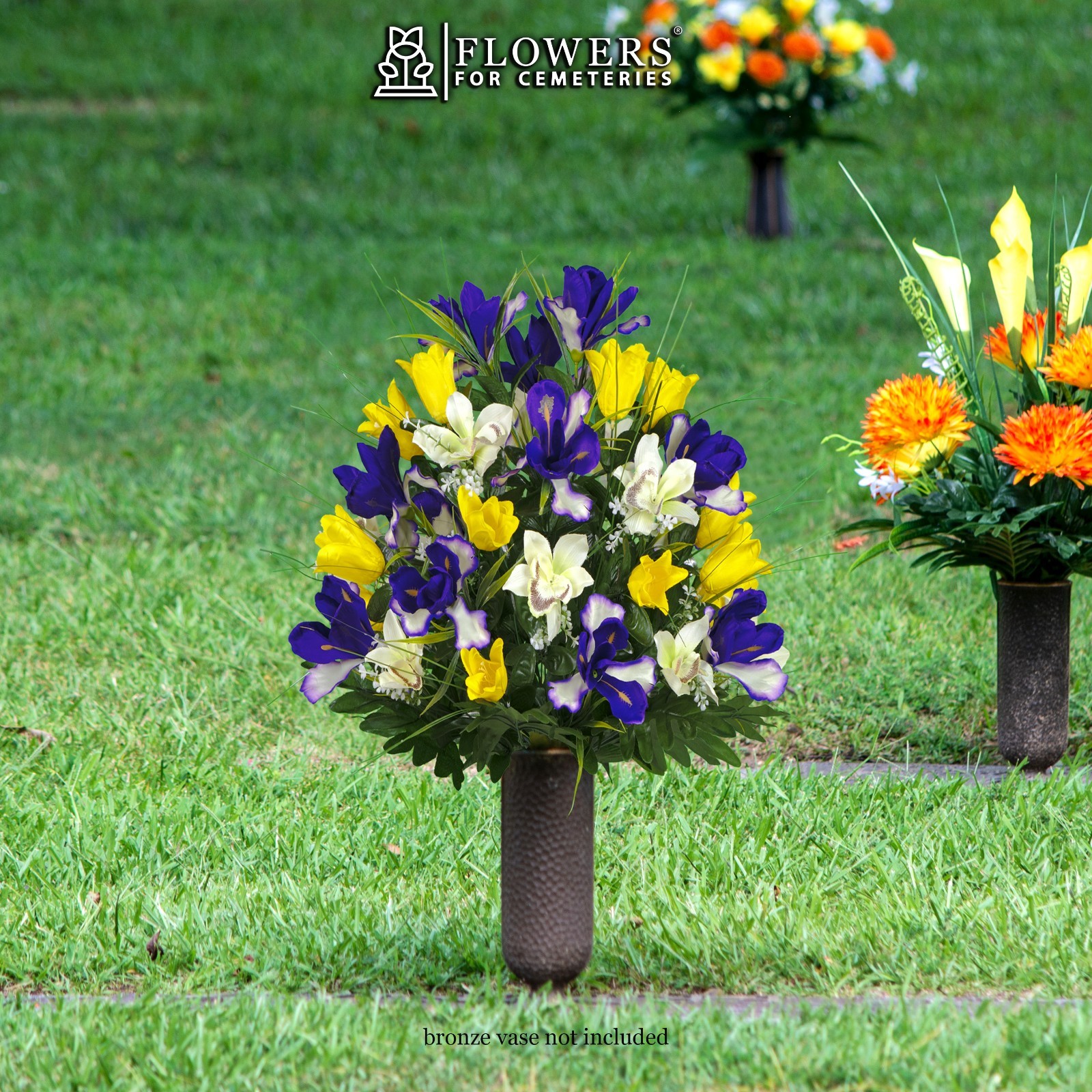 Artificial Cemetery Flowers – Yellow Tulips and Purple Iris (1) Bouquet