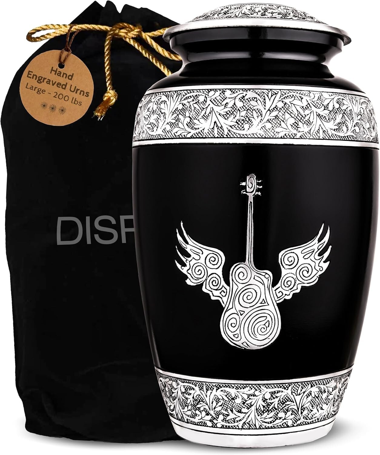 Flying Guitar Urn for Adult Cremation Ashes Hand Engraved Metal Wings Black