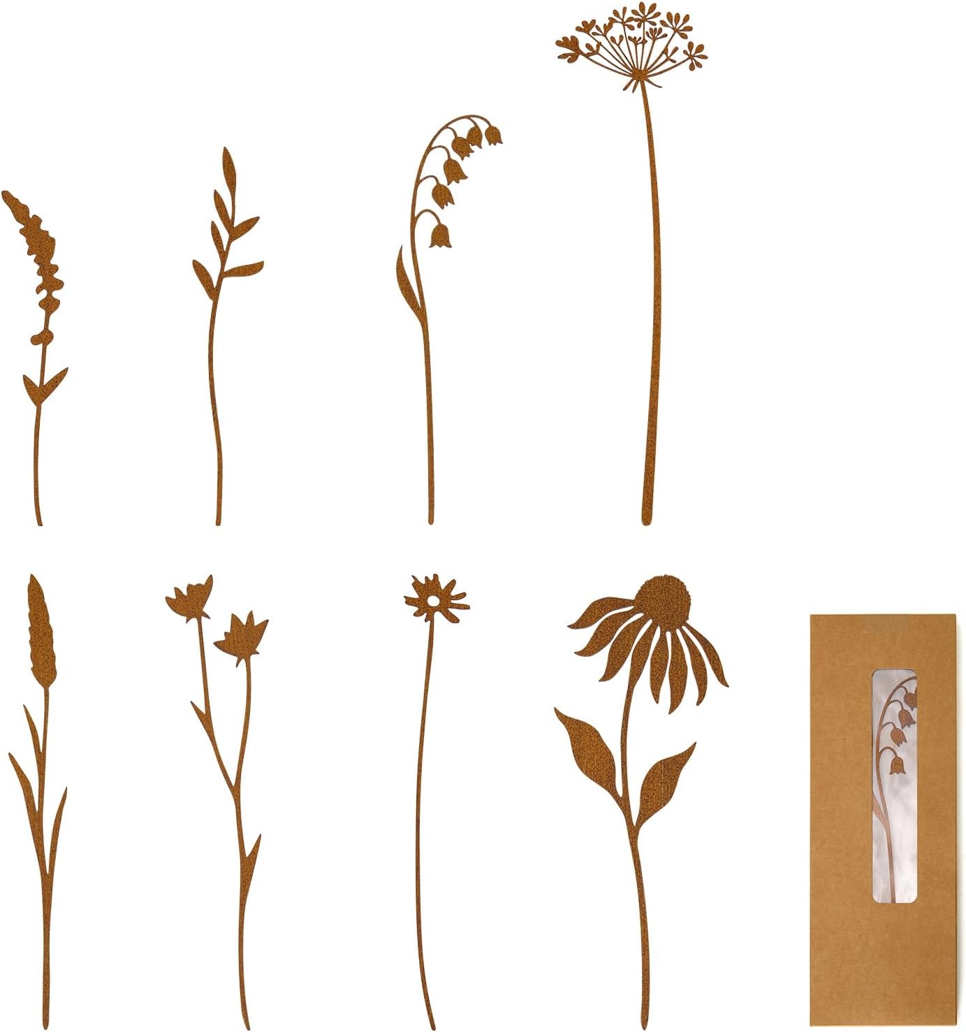 8-Piece Fern & Leaf Garden Stakes – Hand-Rusted Metal Plant Stakes Flower Beds