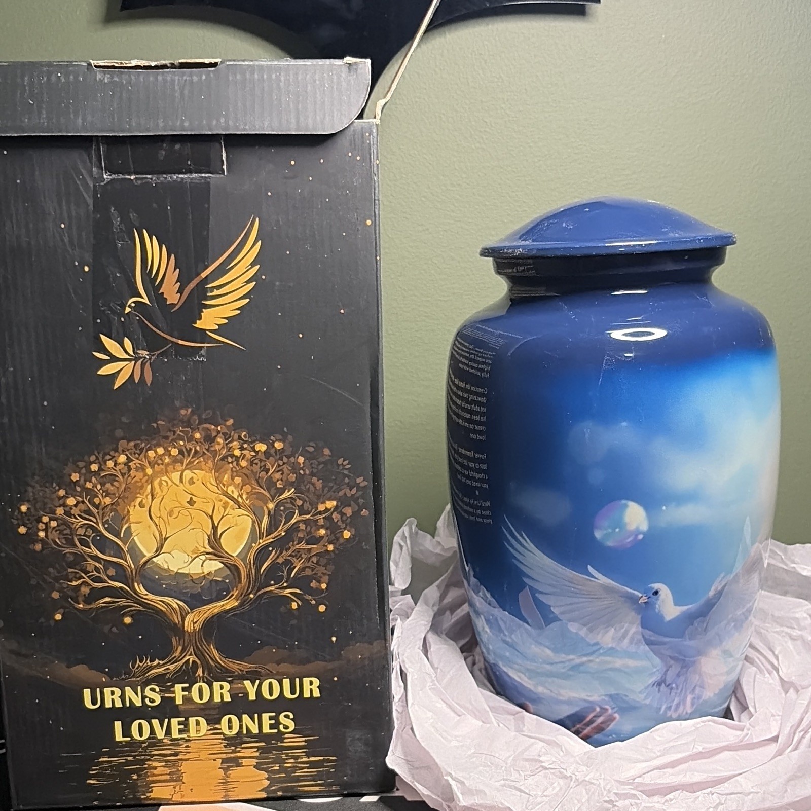 Blue Metal Cremation Urn with White Dove Design