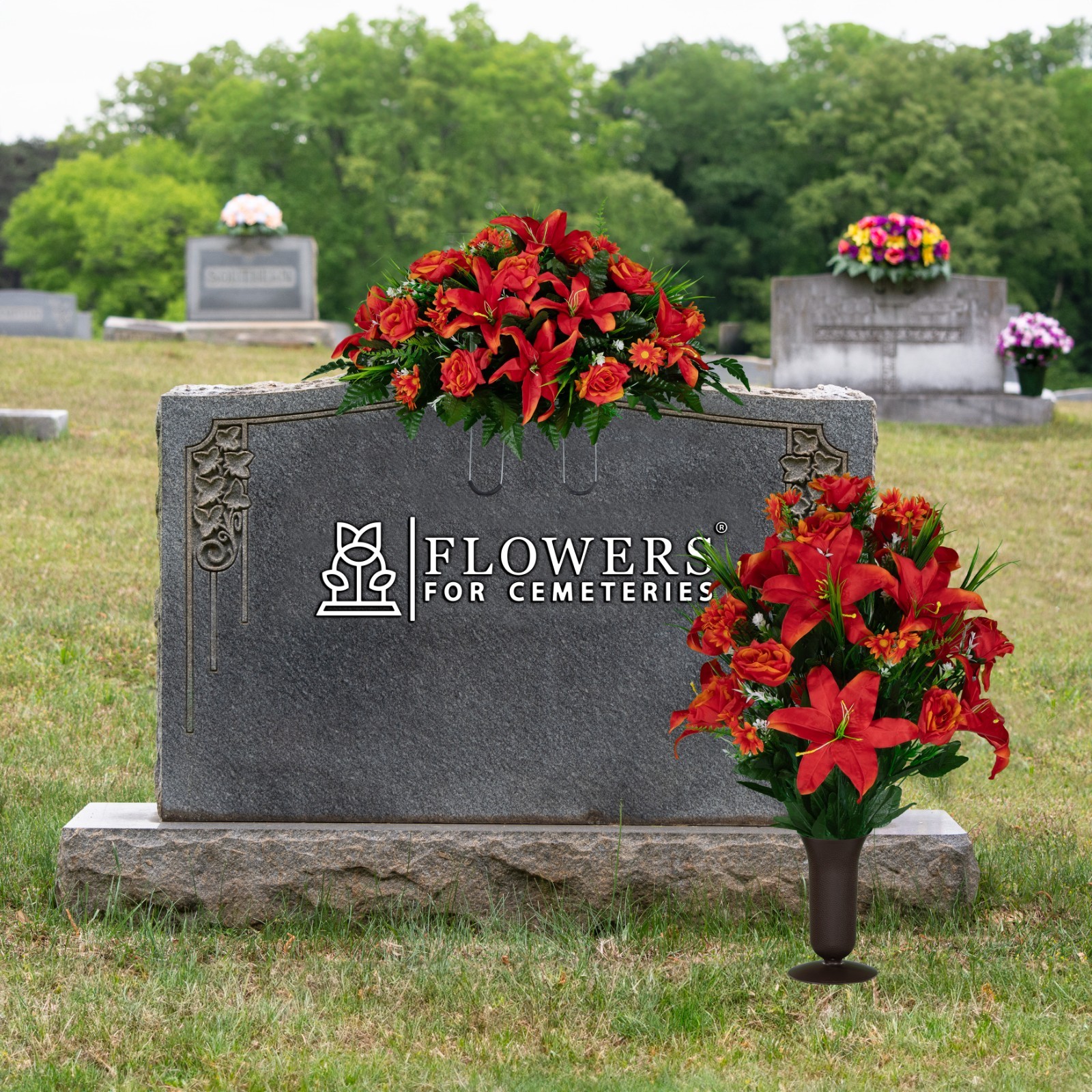 Artificial Gravesite Flowers – Fire Red Lily, Rose, and Daisies Saddle & Bouquet