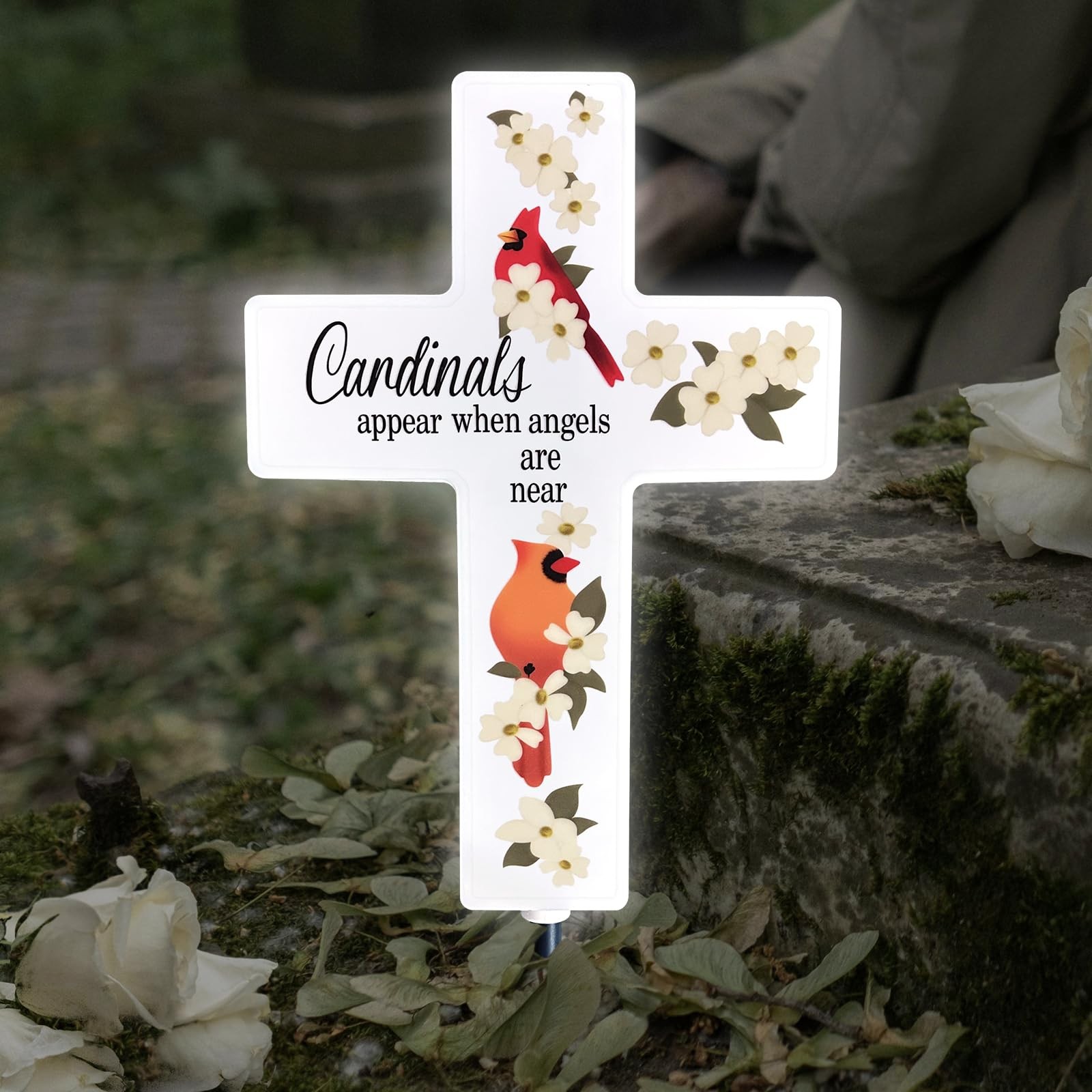Solar Lighted Cross Cardinal Grave LED White Garden Cross Marker Heartfelt Ce…