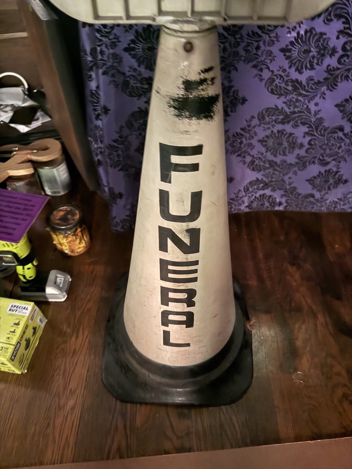 Vintage Funeral Parking Visitors Sign White Rubber Traffic Cone Mortuary Oddity
