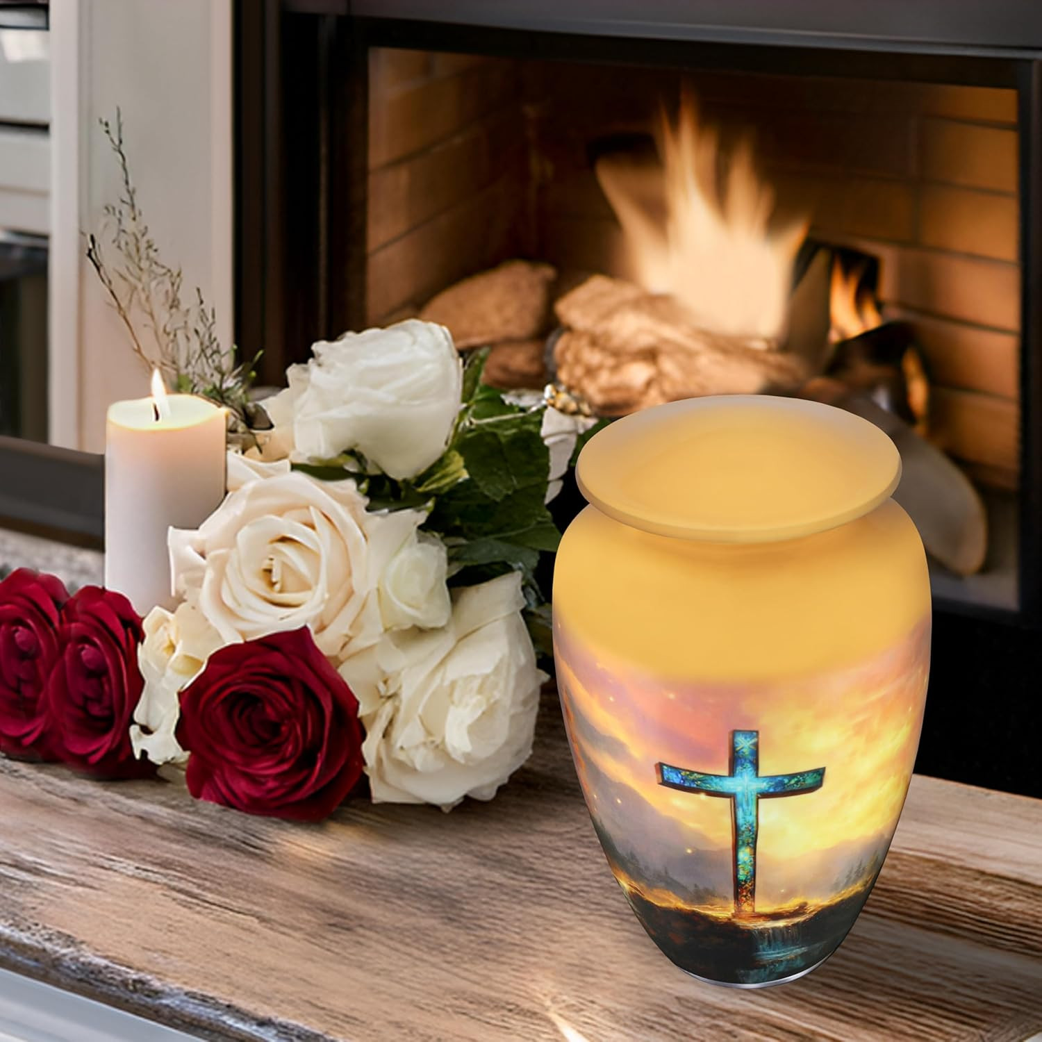 Elegant Golden Galaxy Cremation Urn with Religious Cross for Adults
