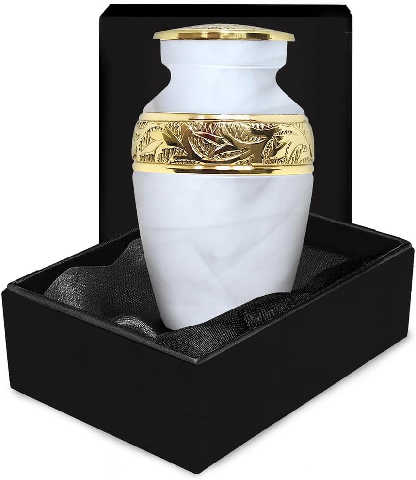 Small Urns for Human Ashes Keepsake – Handcrafted White Memorial Urn with Brass