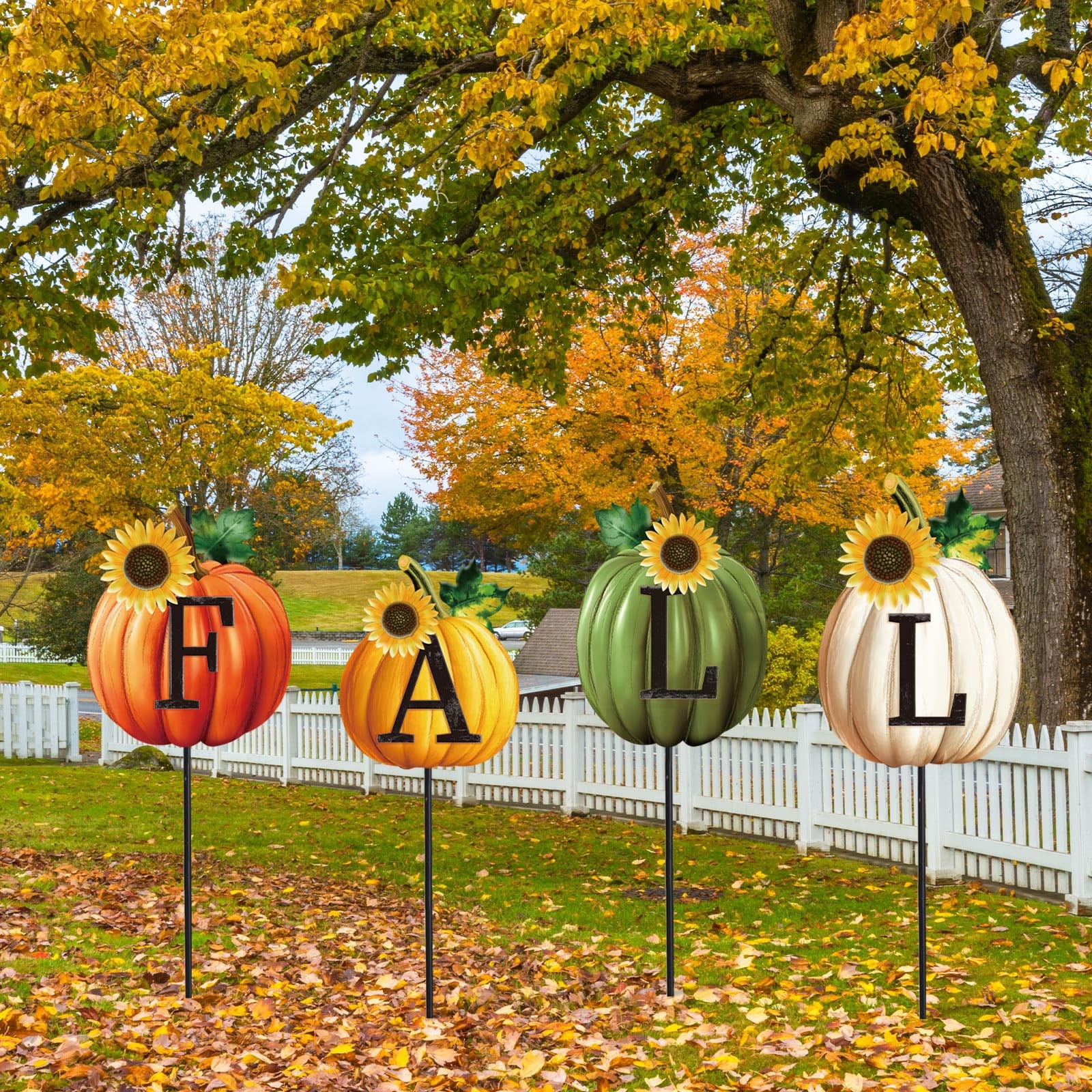 Set of 4 Thanksgiving Pumpkin Metal Garden Stakes Fall Pumpkin Decorative Law…