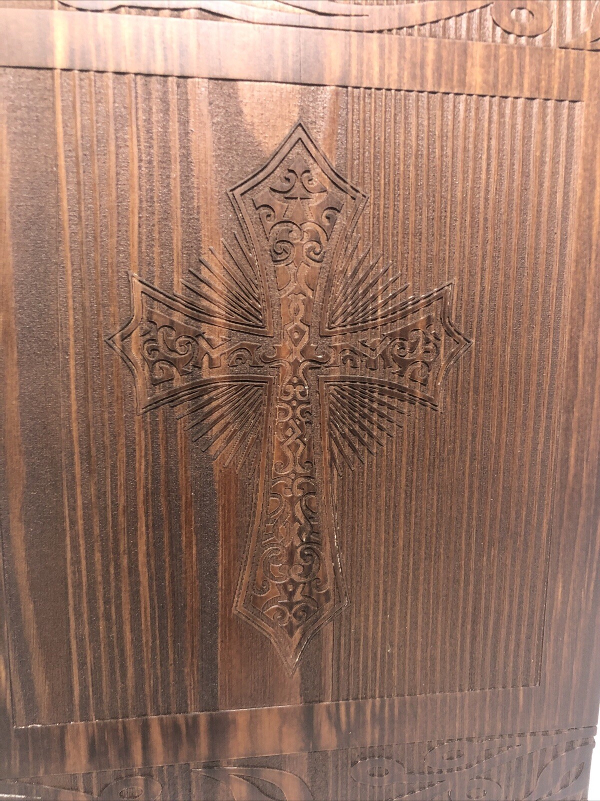 Wood Cremation Urn-222lb Limit, Walnut Stained Pine Wood- Etched Cross Design.