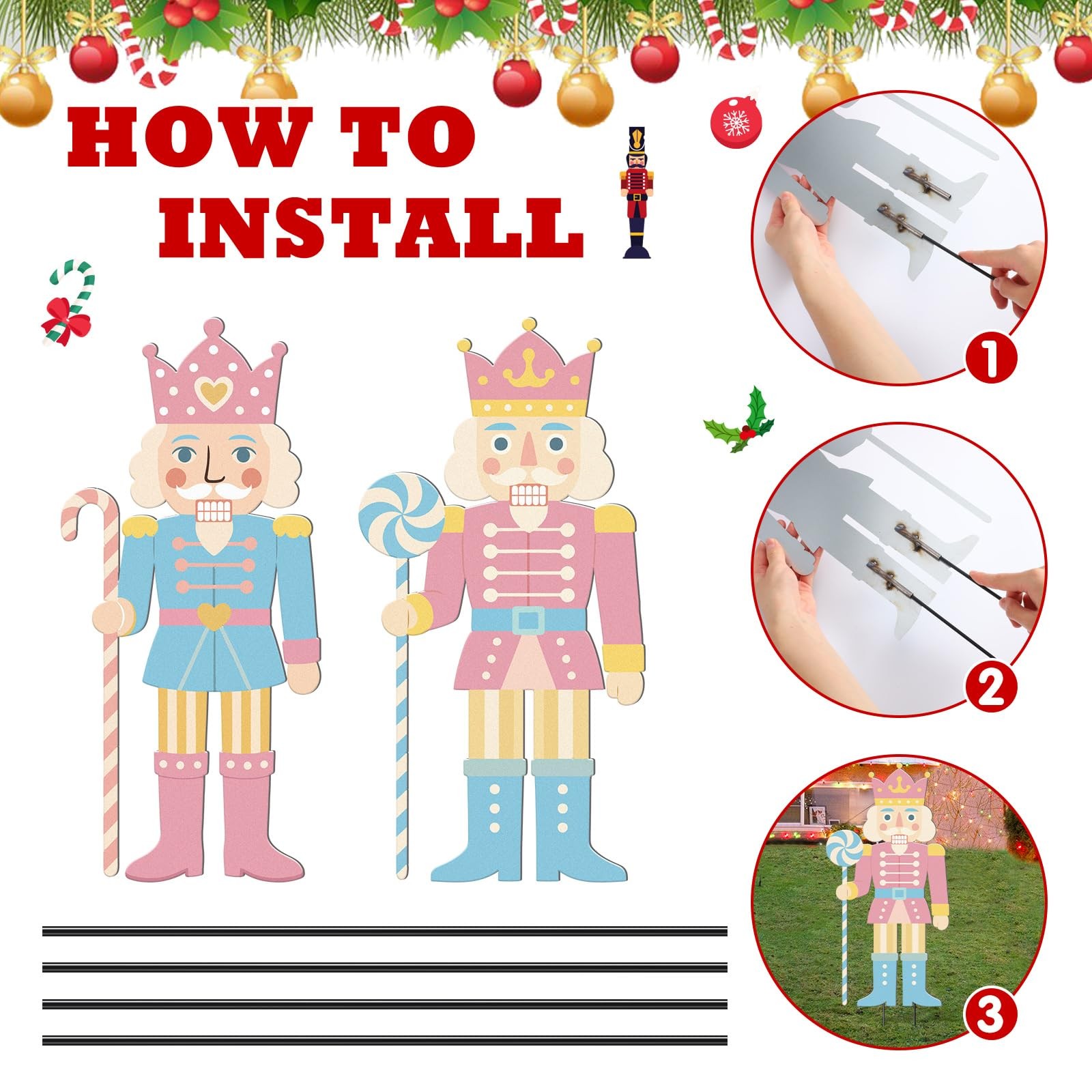 2 Pcs Pastel Christmas Nutcracker Yard Stake Candy Cane Metal 3D Outdoor Chri…