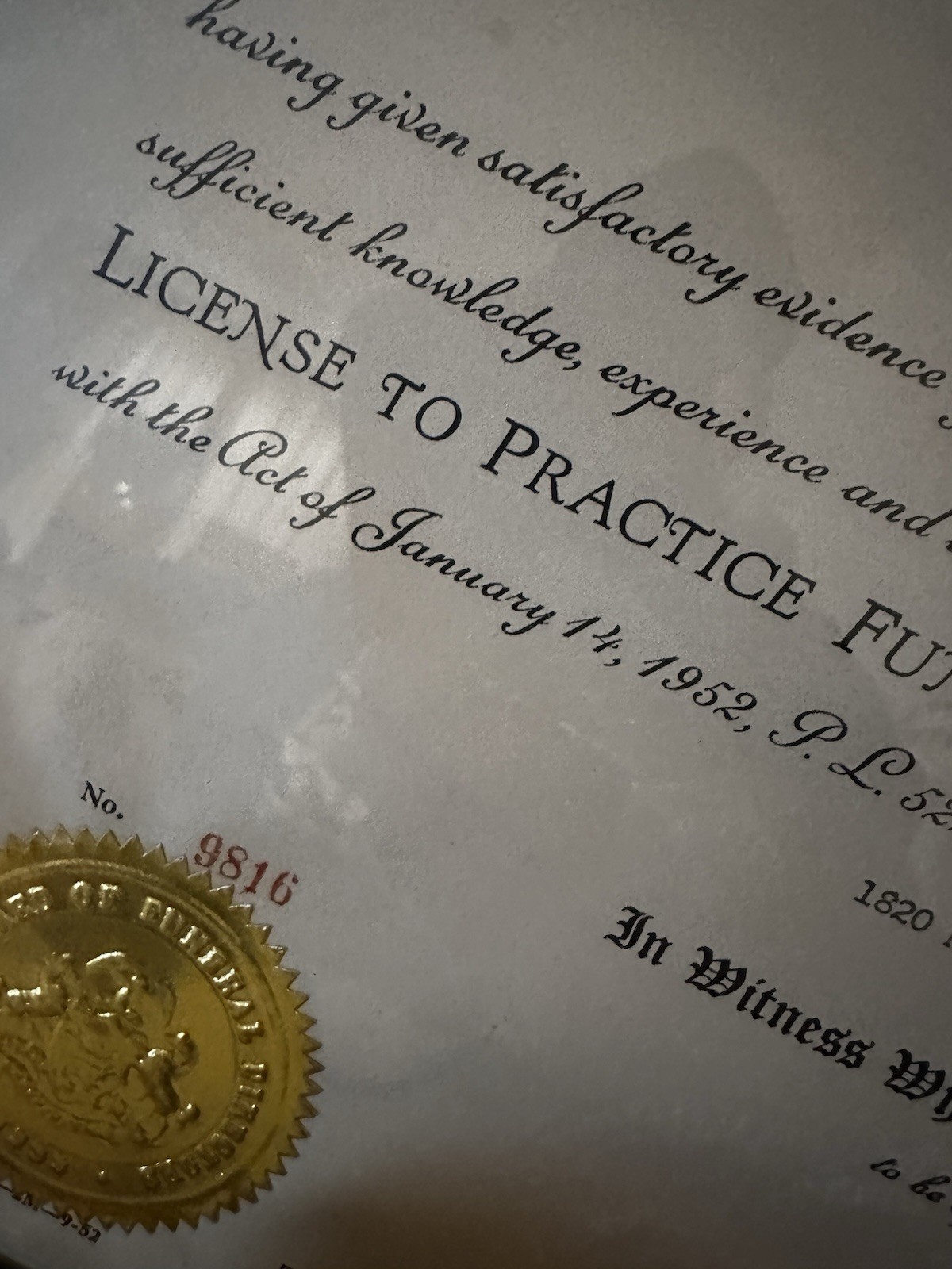 Funeral Directors Dept Of Heath Certificate Pennsylvania 1952