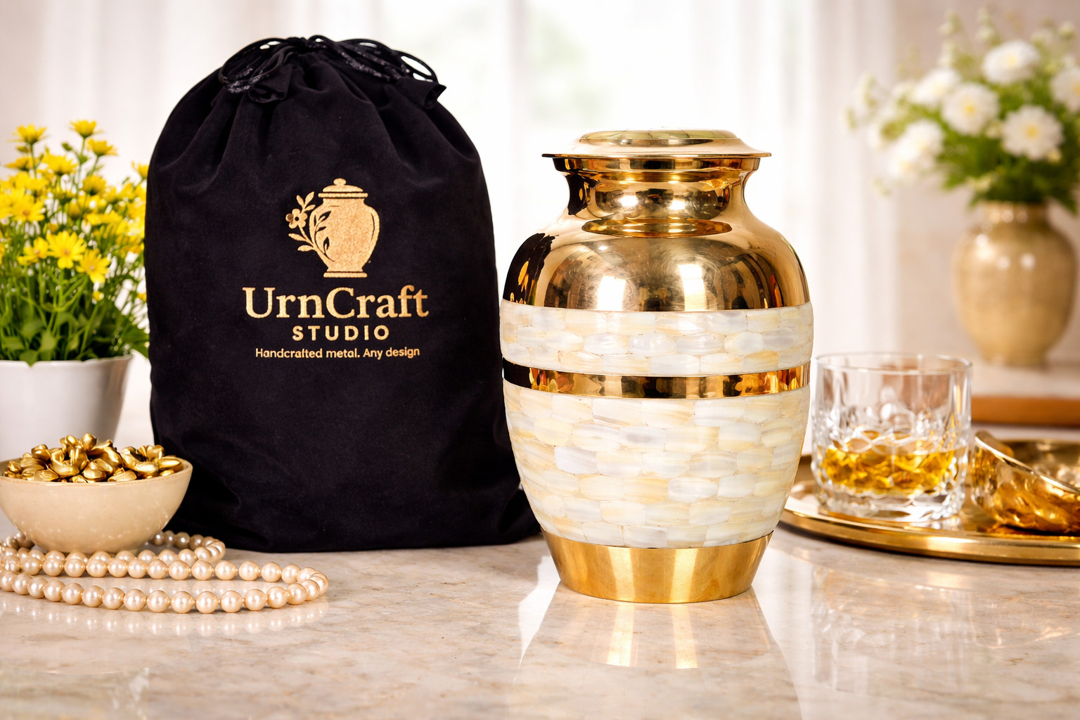 Mother of Pearl Cremation Urn – Brass Seashell Inlay with Velvet Bag