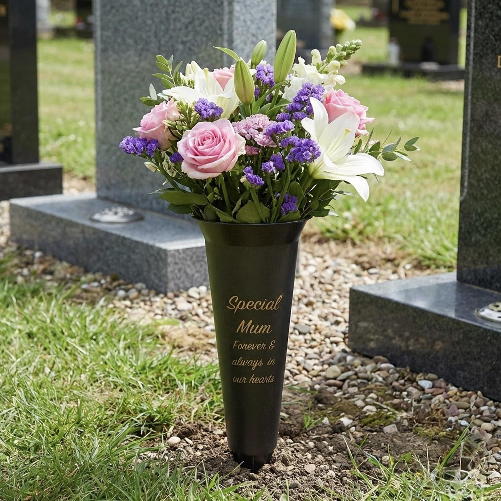 Black Graveside Memorial Flower Spiked Vase with Wavy Edge – Special Mum
