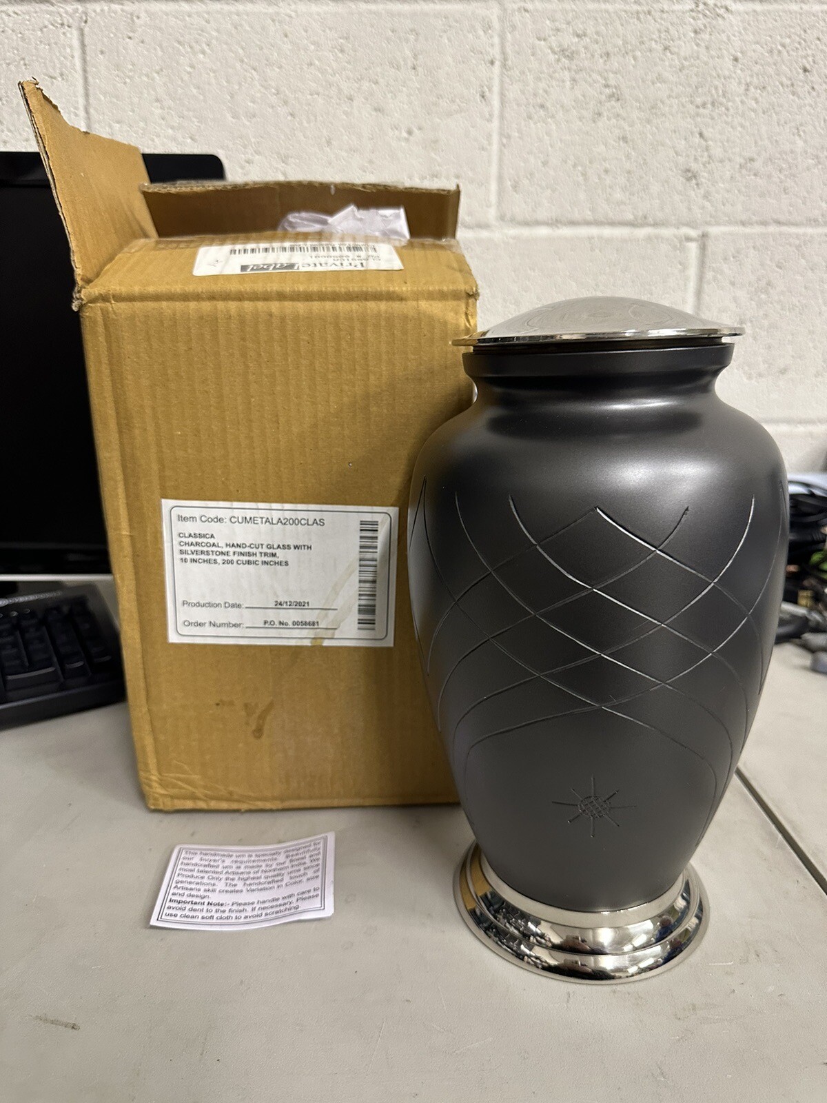 Private Label Classica Hand-Cut Glass Charcoal Urn – 10” Height – 200 Cu. In.