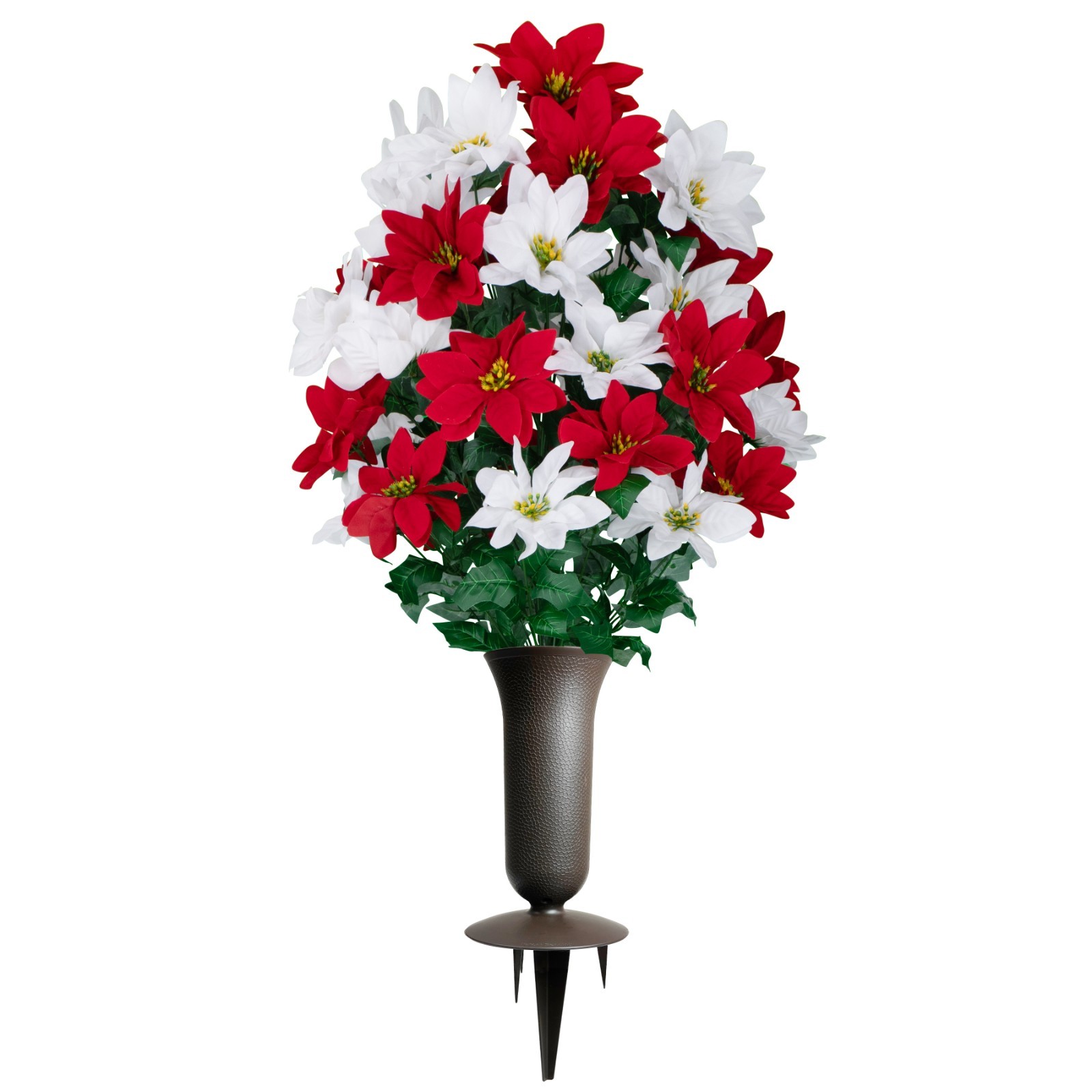 Artificial Cemetery Flowers – Red and White Poinsettias Bouquet with Vase