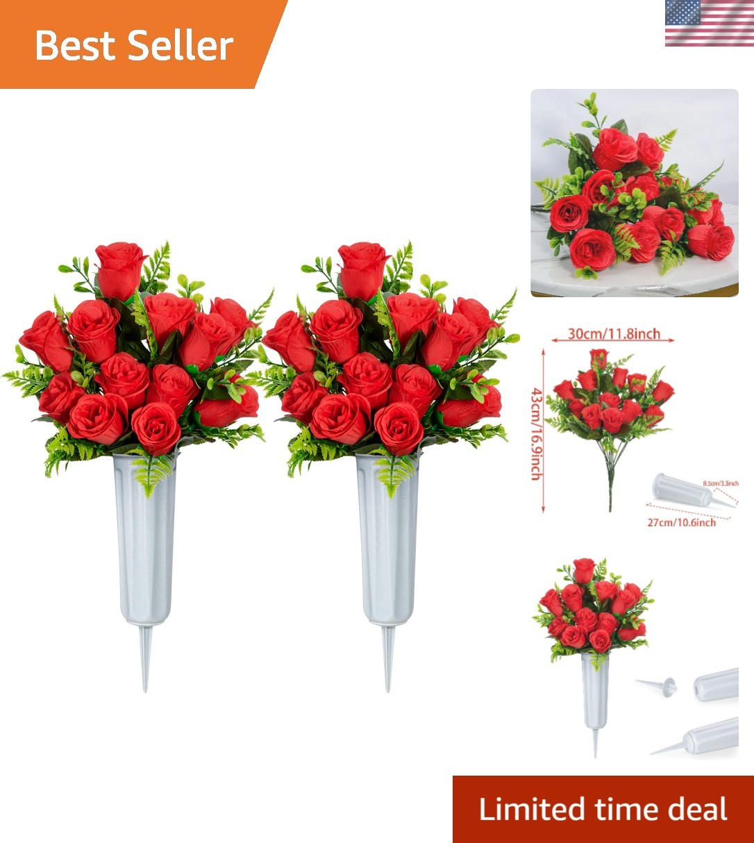 Beautiful Memorial Flowers – Set of 2 Artificial Red Roses with Sturdy Vases