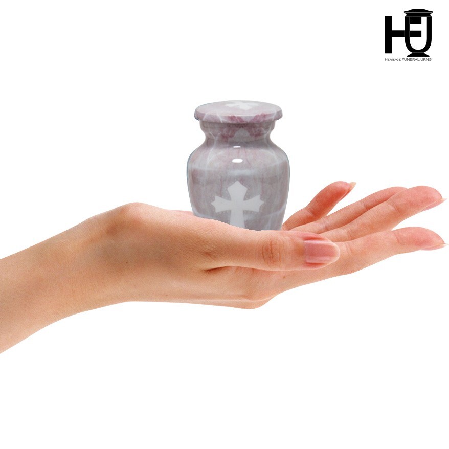 HFU-Elegant Metal Cremation Urn with Light Pink Marble Design and White Cross