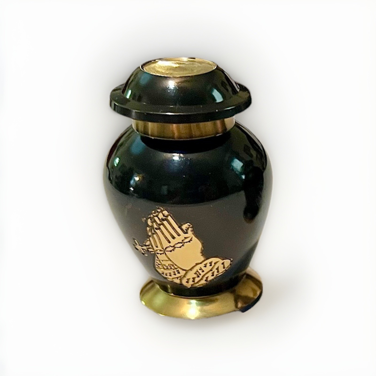 Pretty Brass Keepsake Mini Token Urn~Black w/Gold Praying Hands/Rosary~Imperfect