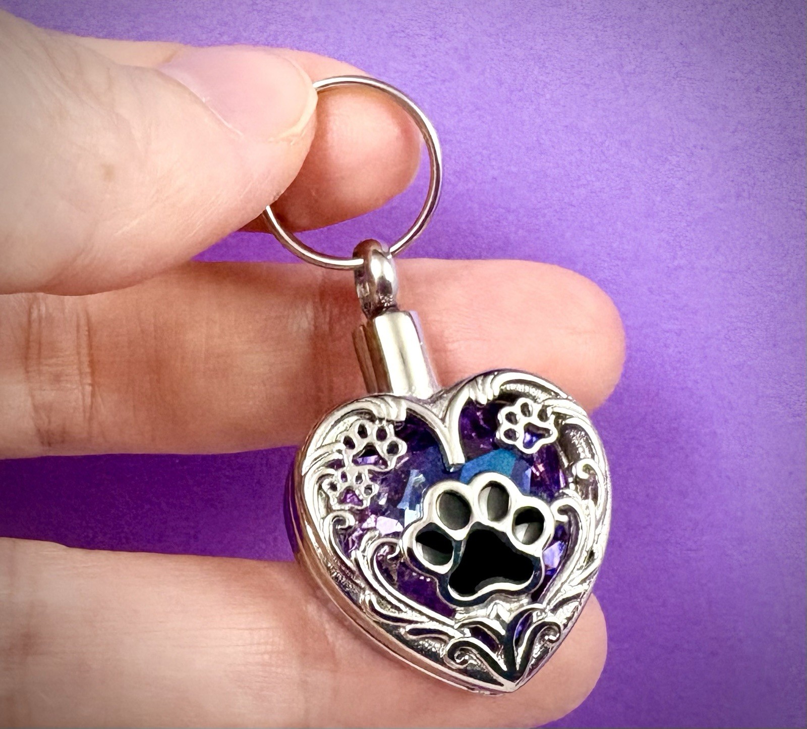 Keyring Urn .5″ Key Chain Pawprints Pet Cremation Pendant Ashes Dog Cat Purple